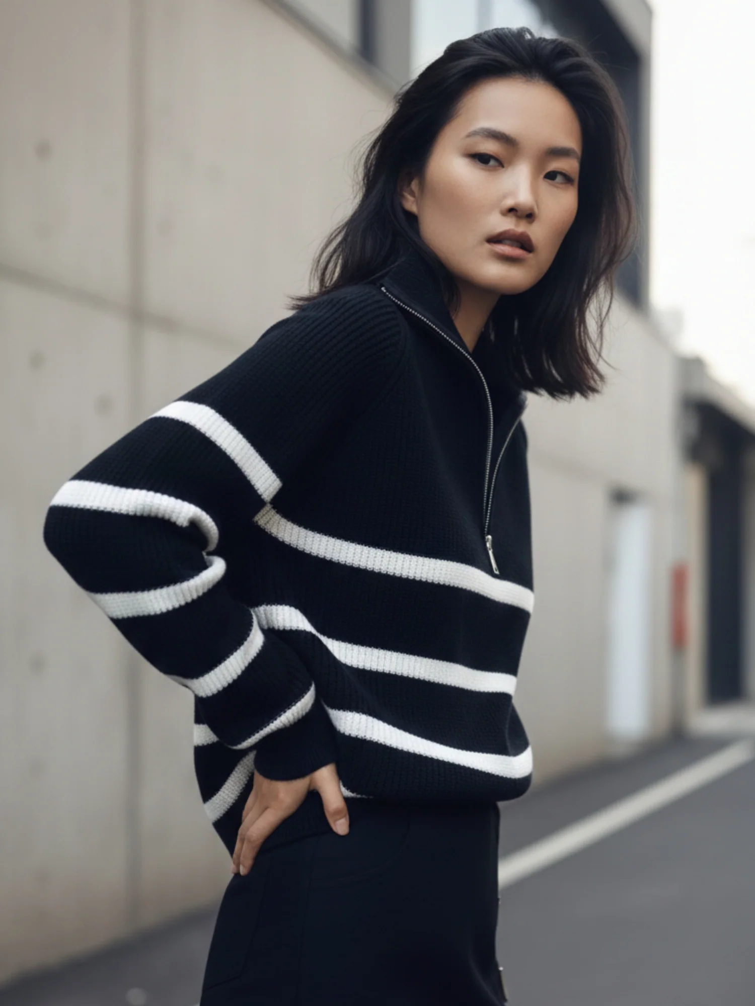 Black Full Sleeve Striped Half Zip Sweater - Image 3
