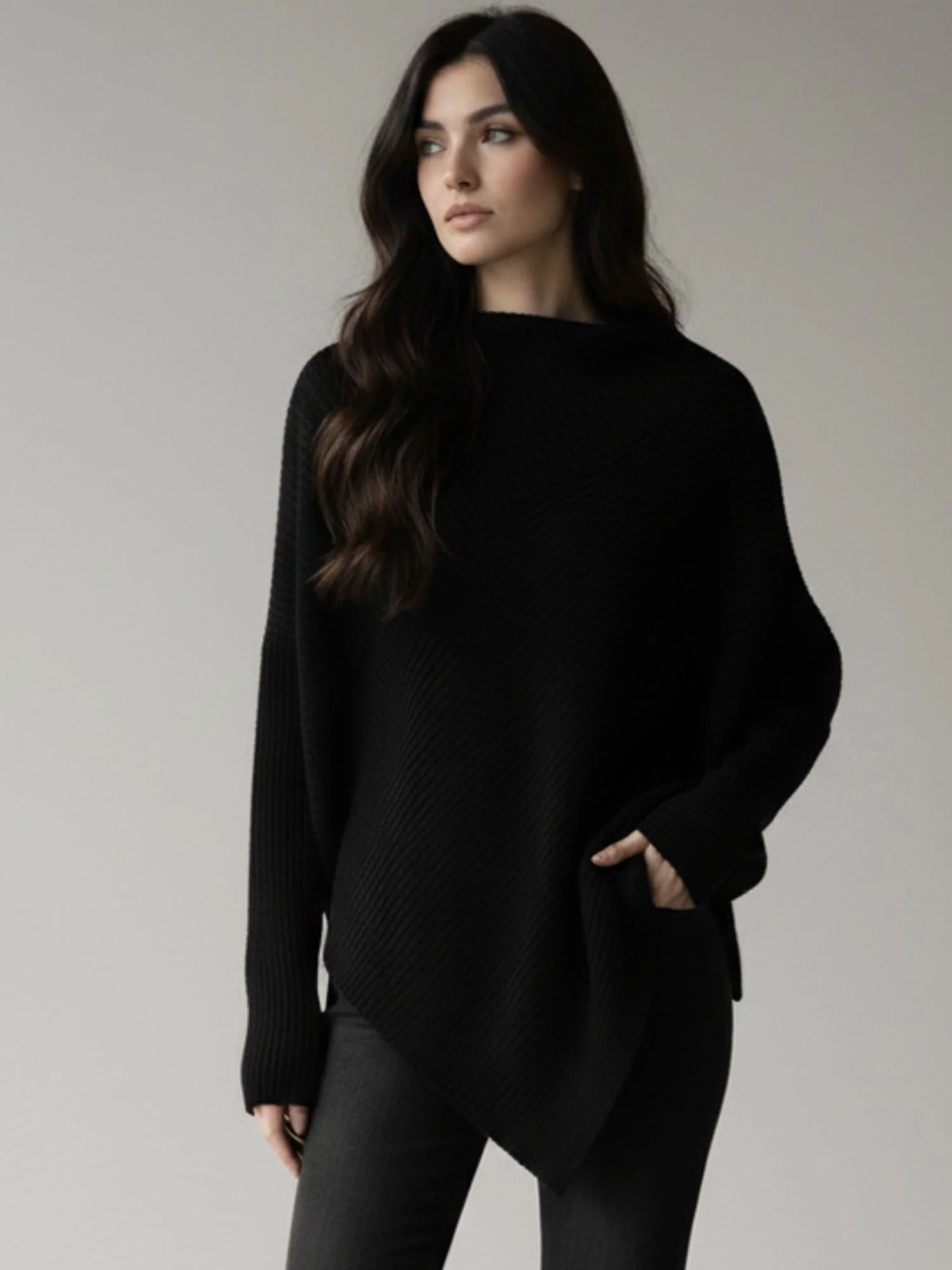 Black Full Sleeve Turtle Neck Asymmetrical Hem Sweater