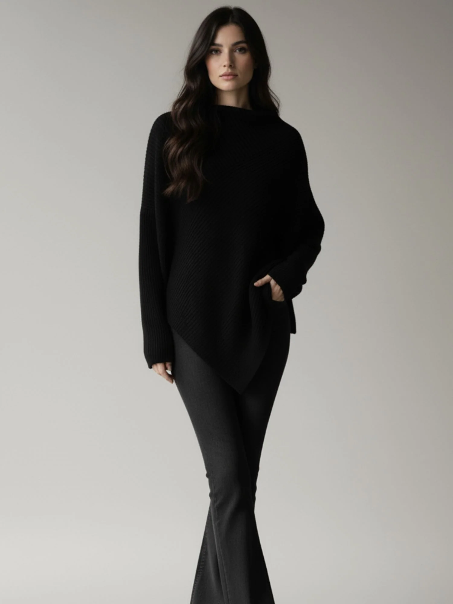 Black Full Sleeve Turtle Neck Asymmetrical Hem Sweater - Image 2