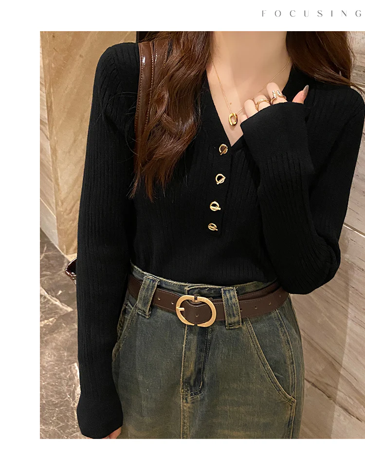 Black Full Sleeve V Neck Buttoned Fitted Top - Image 2