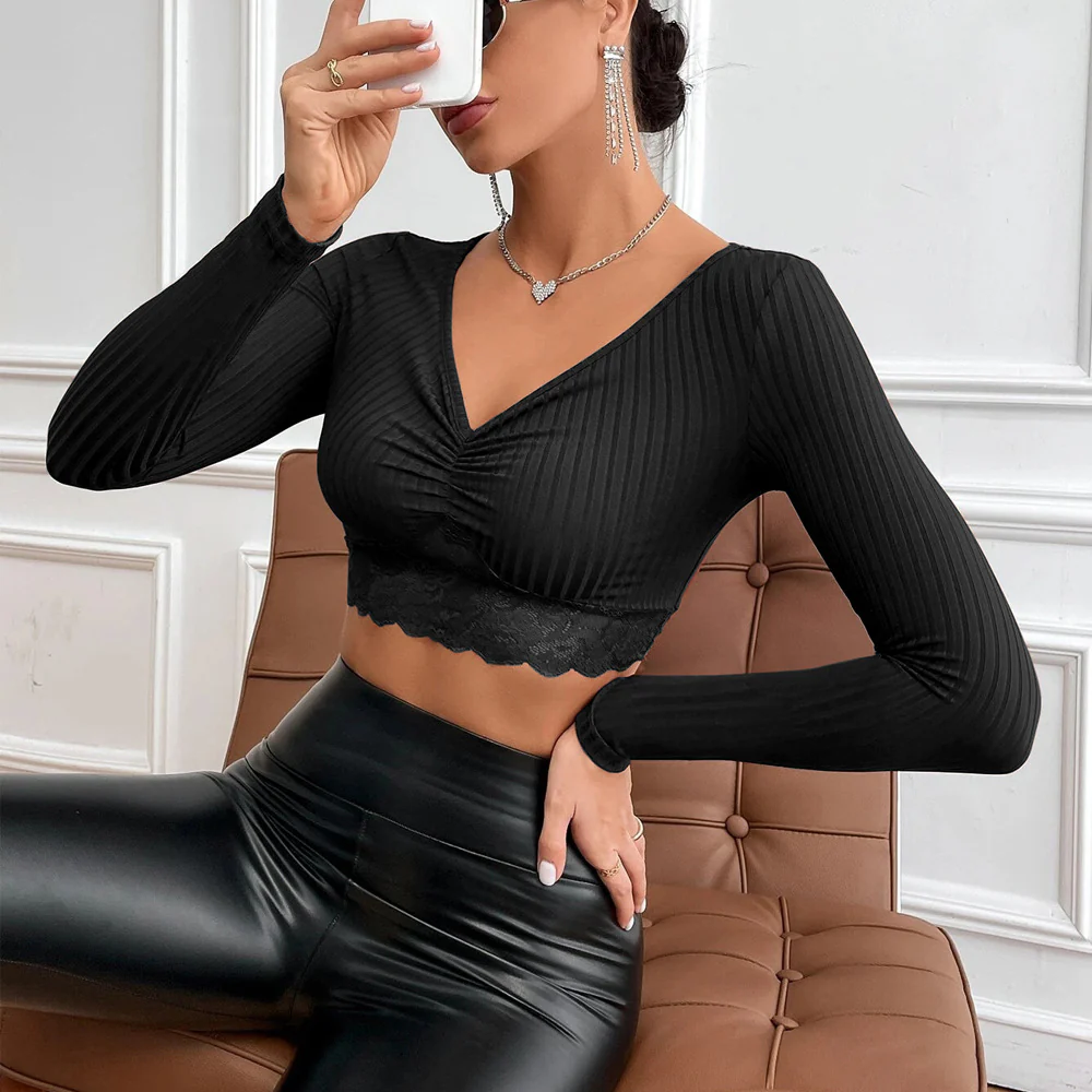 Black Full Sleeve V-Neck Top - Image 2