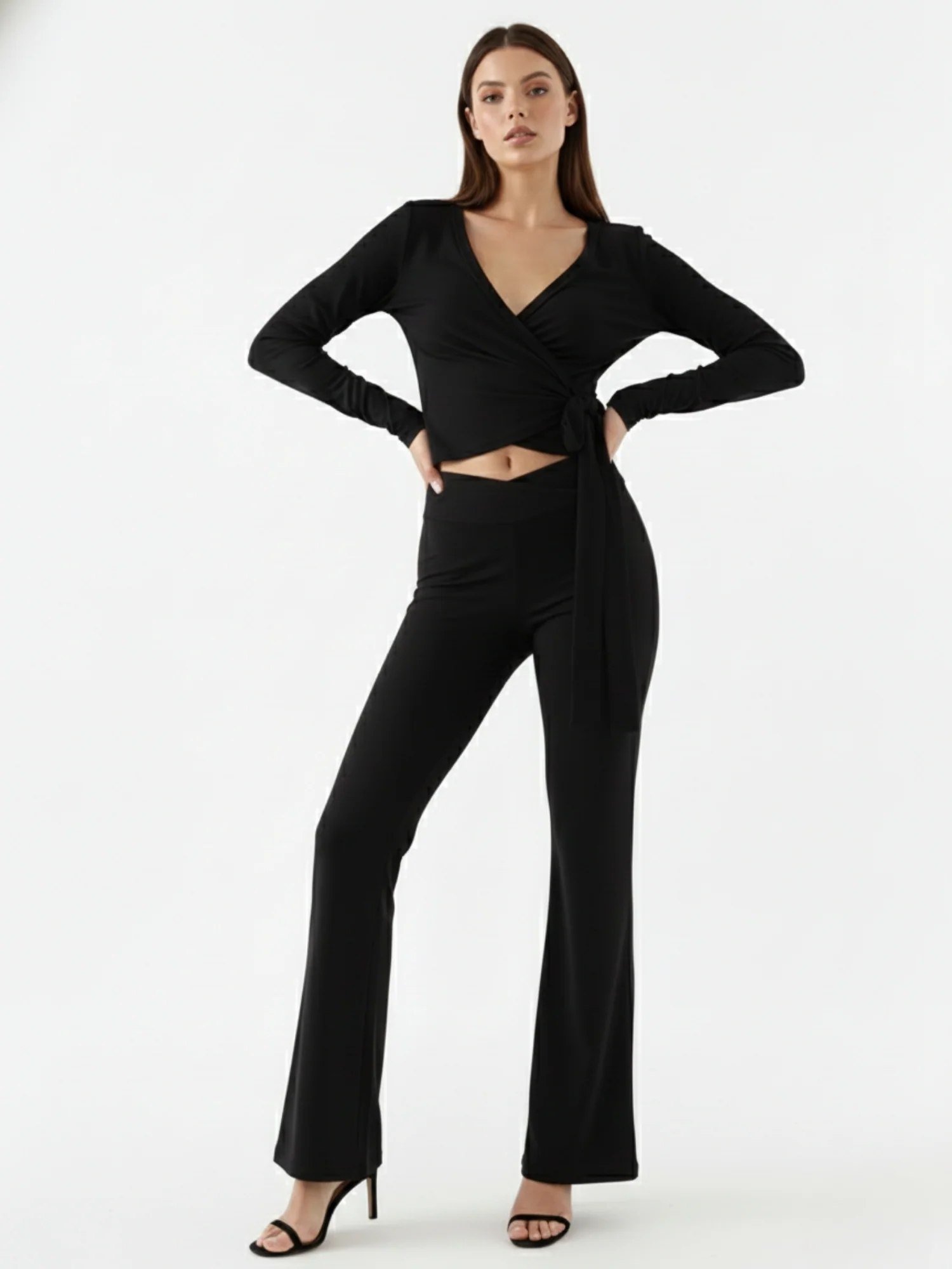 Black Full Sleeve Wrap V Neck Top And Pant Set - Image 2