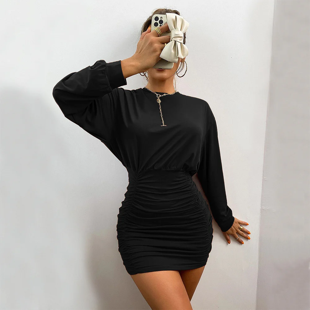 Black Full Sleeved Ruched Bodycon Dress - Image 3