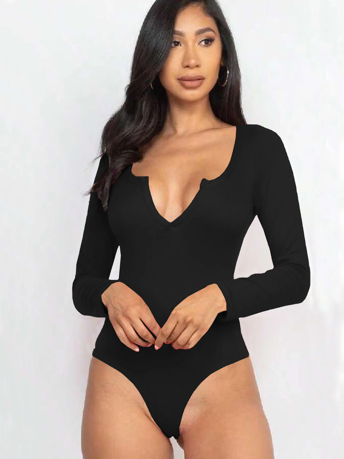 Black Full Sleeved Scoop V-Neck Bodysuit - Image 5