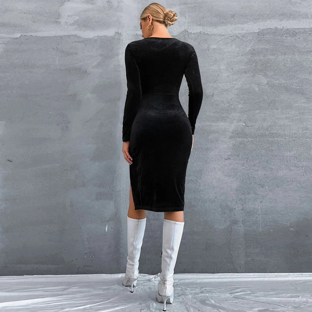 Black Full Sleeved Square Neck Bodycon Dress - Image 2
