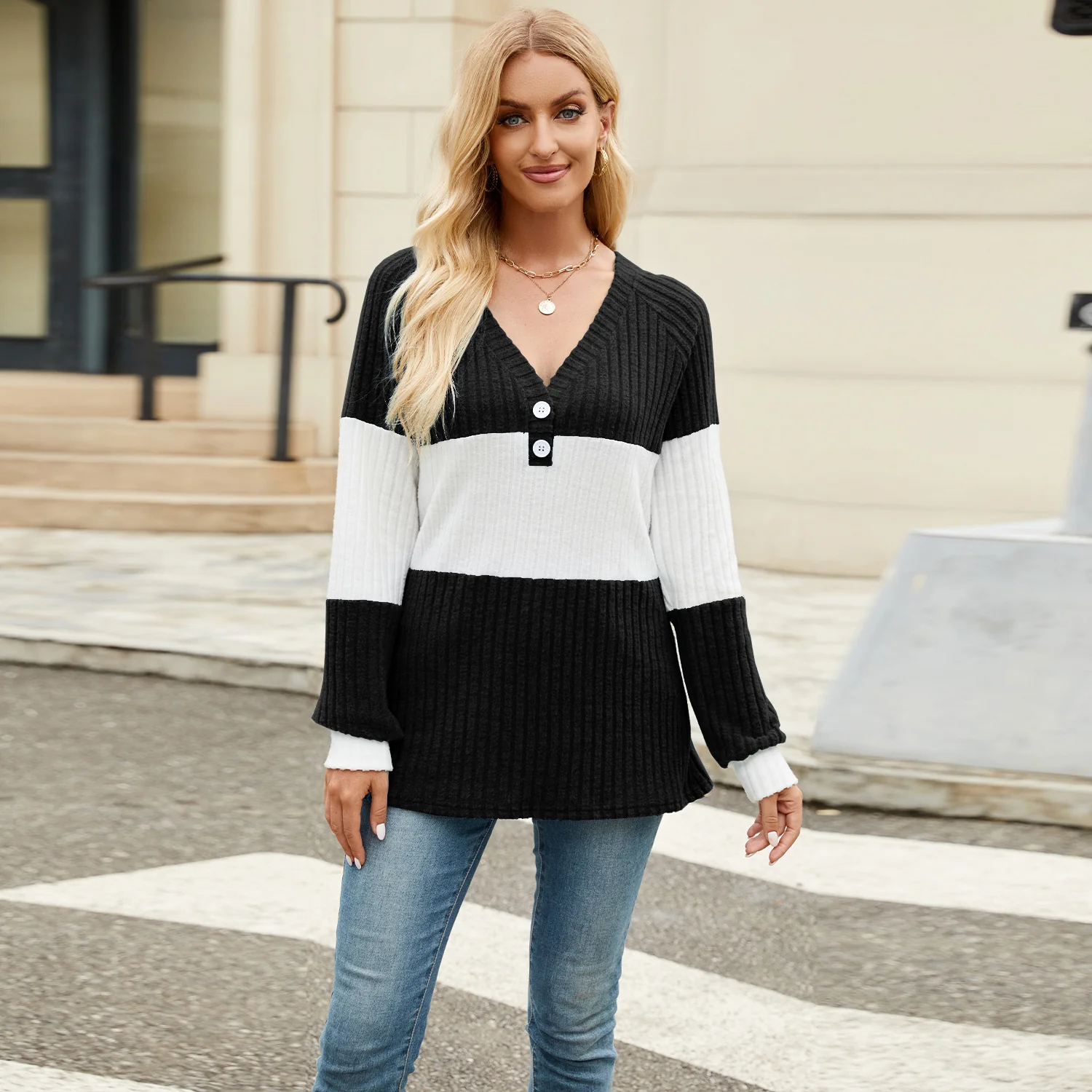 Black Full Sleeves Colour Block V Neck Top - Image 3