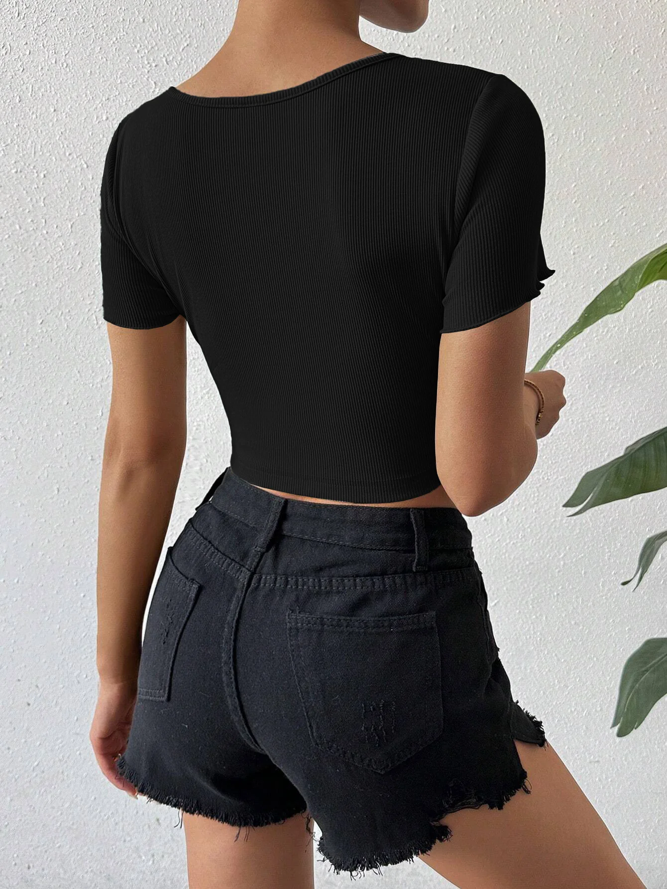 Black Half Sleeved V-Neck Tie Up Top - Image 2