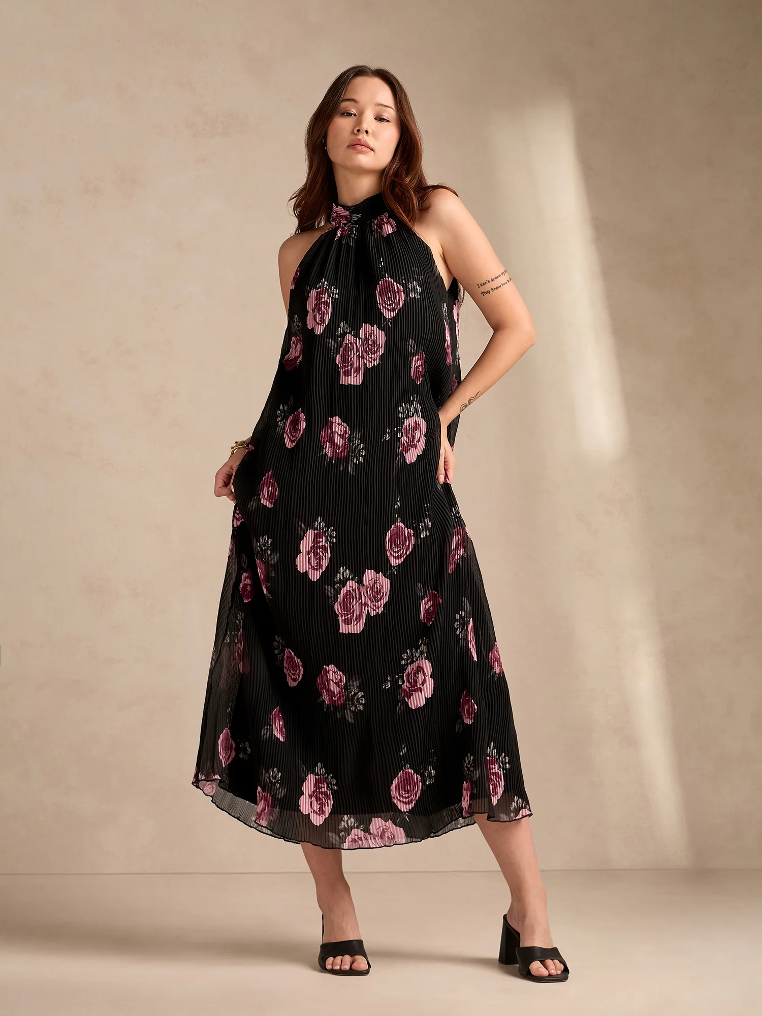 Black Halter Neck Floral Printed Dress - Image 3