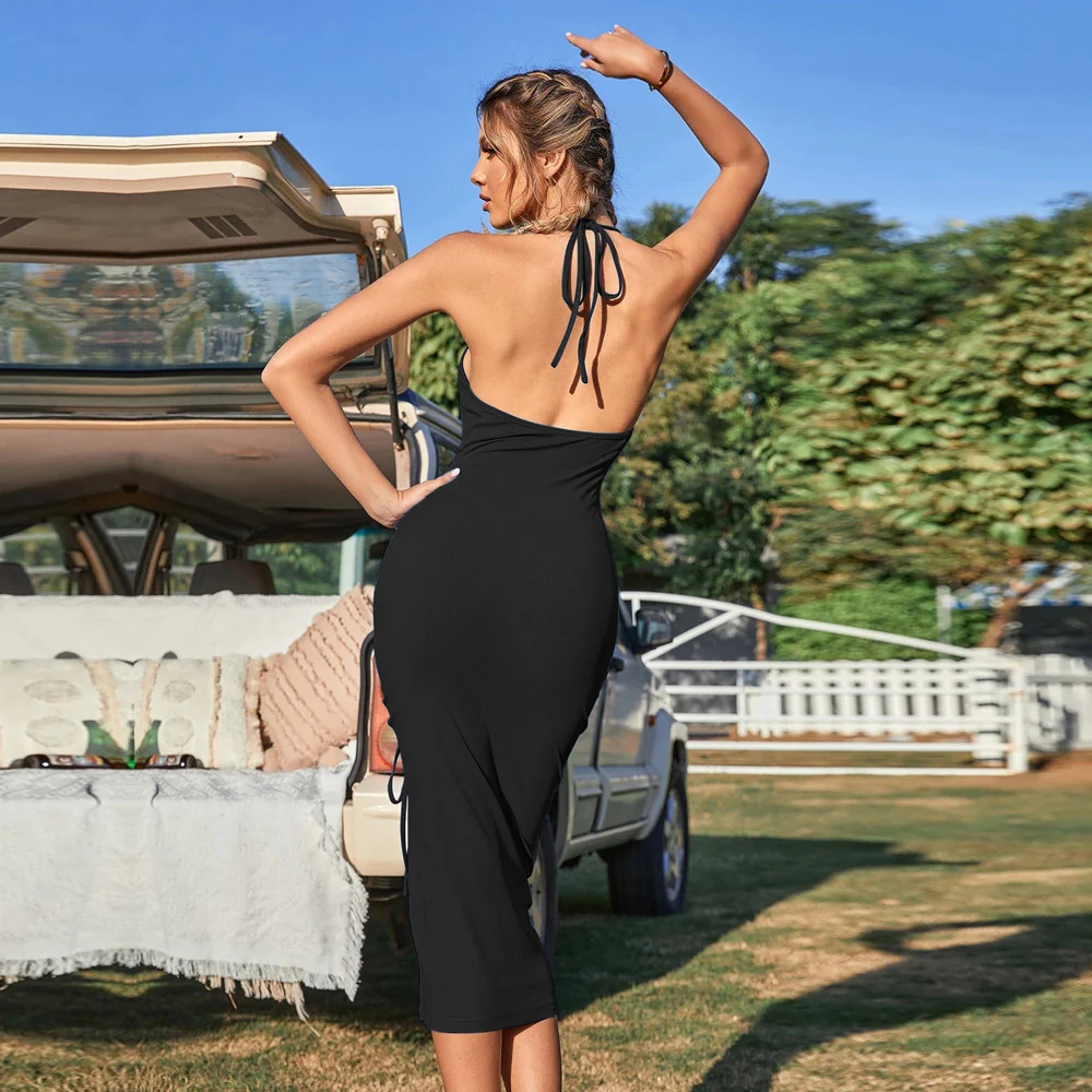 Black Halter Neck Front Ruched Dress - Image 2