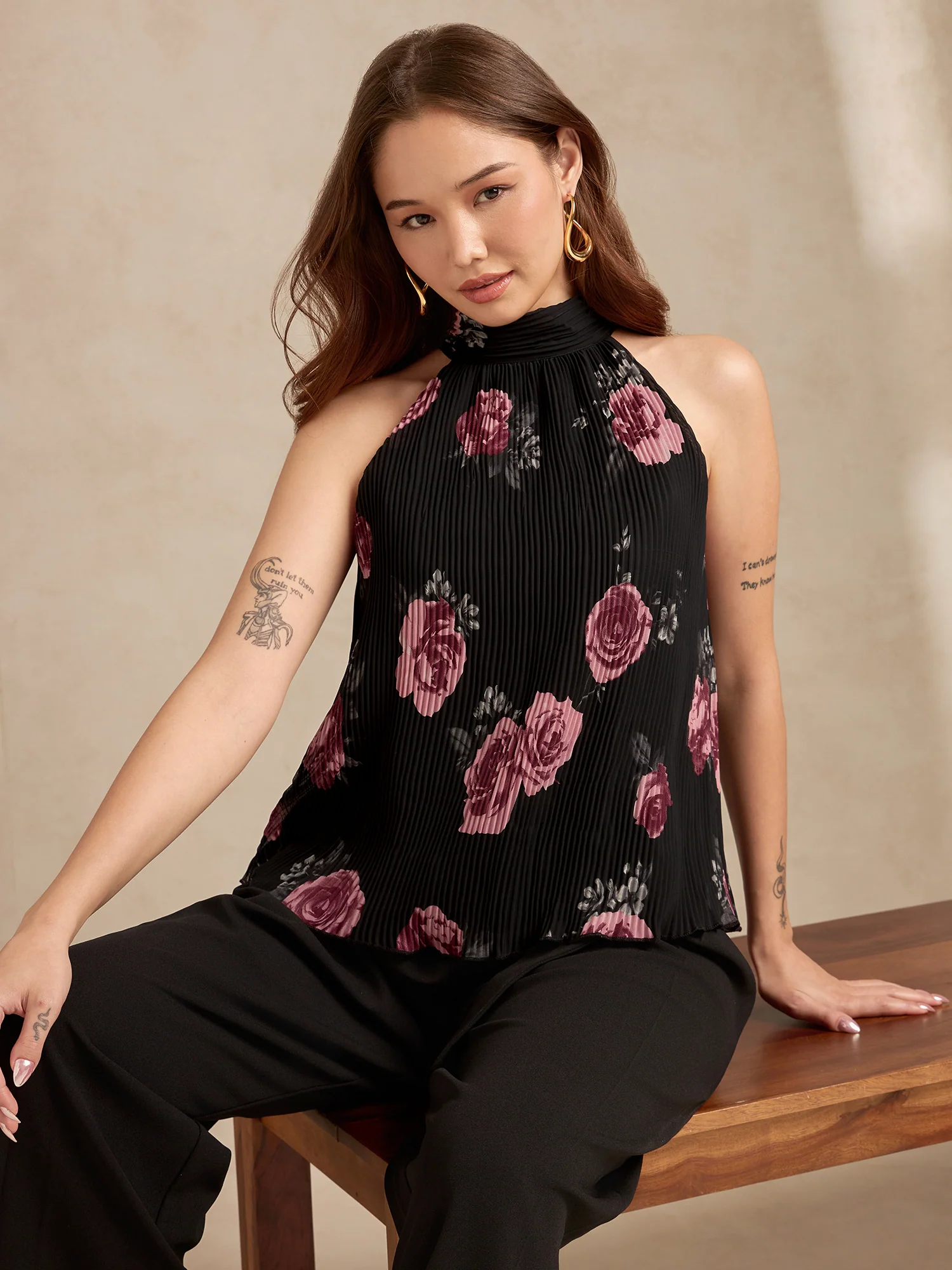 Black Halter Neck Plisse Flared Printed Top