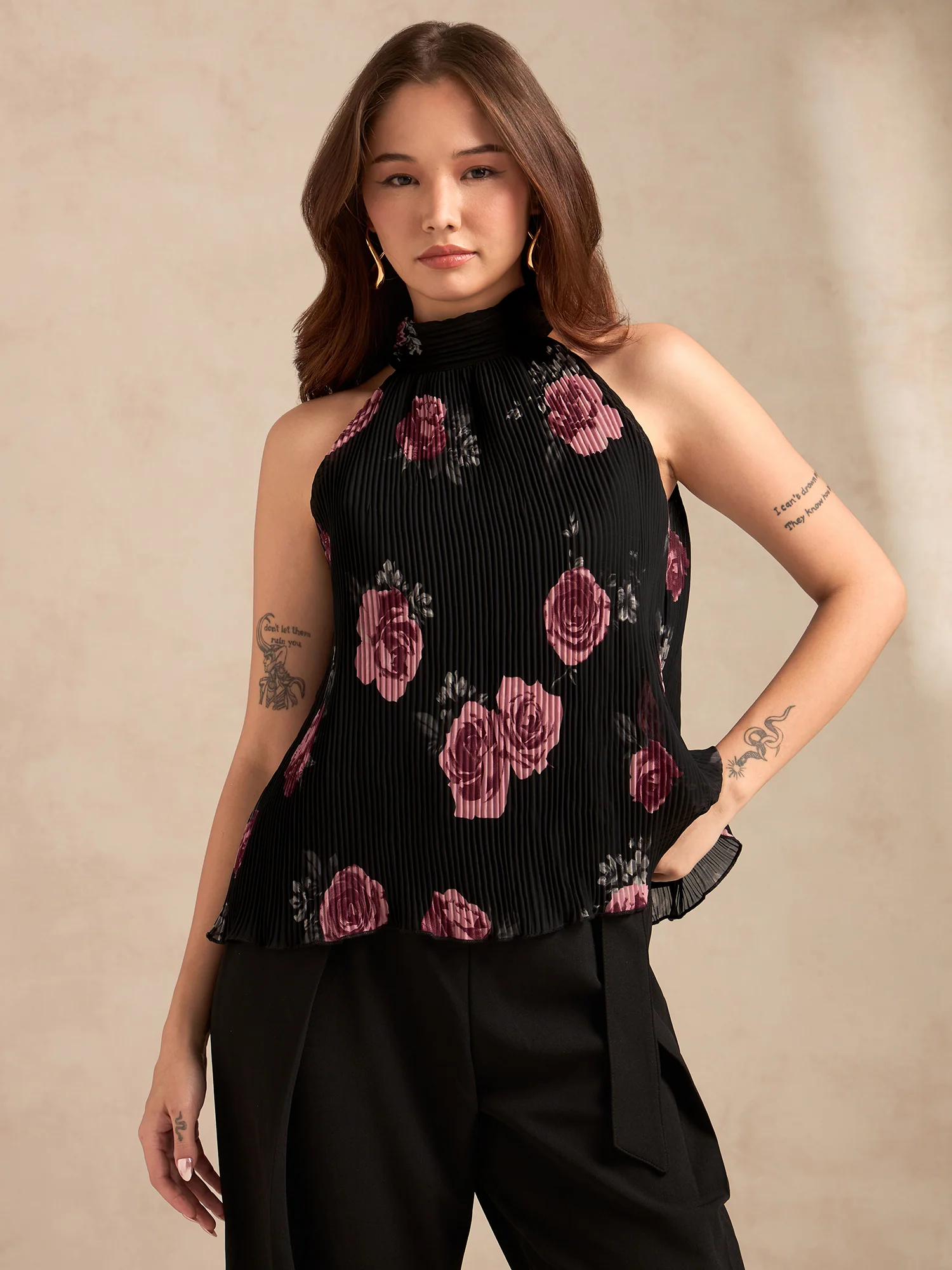Black Halter Neck Plisse Flared Printed Top - Image 2