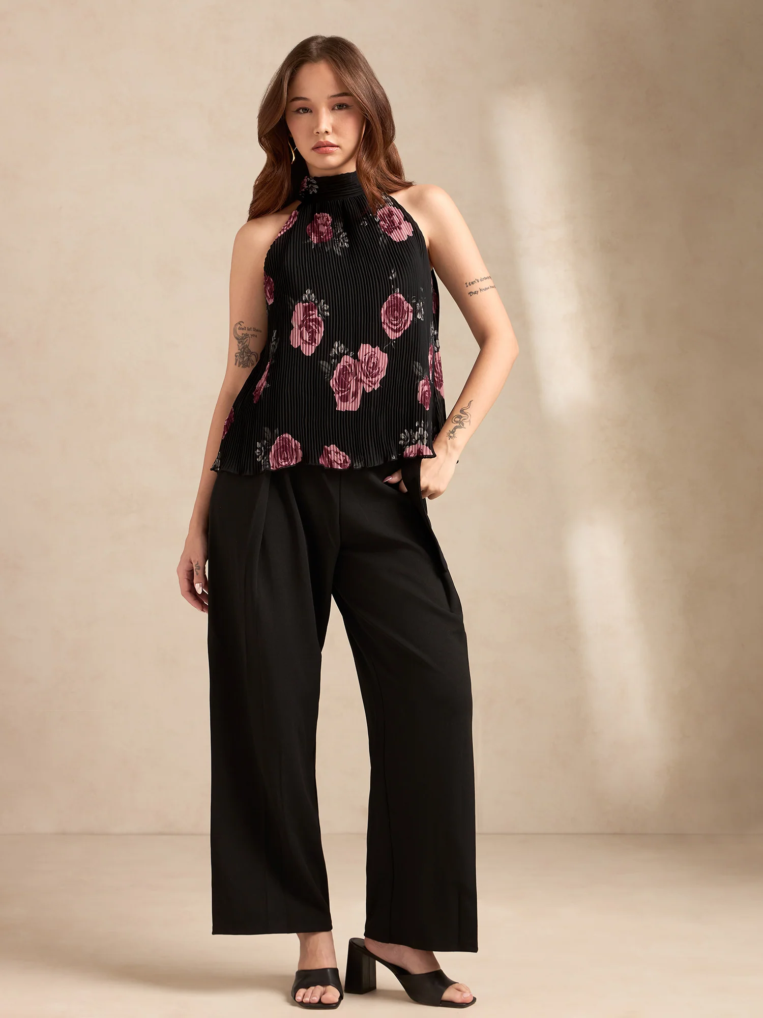 Black Halter Neck Plisse Flared Printed Top - Image 3