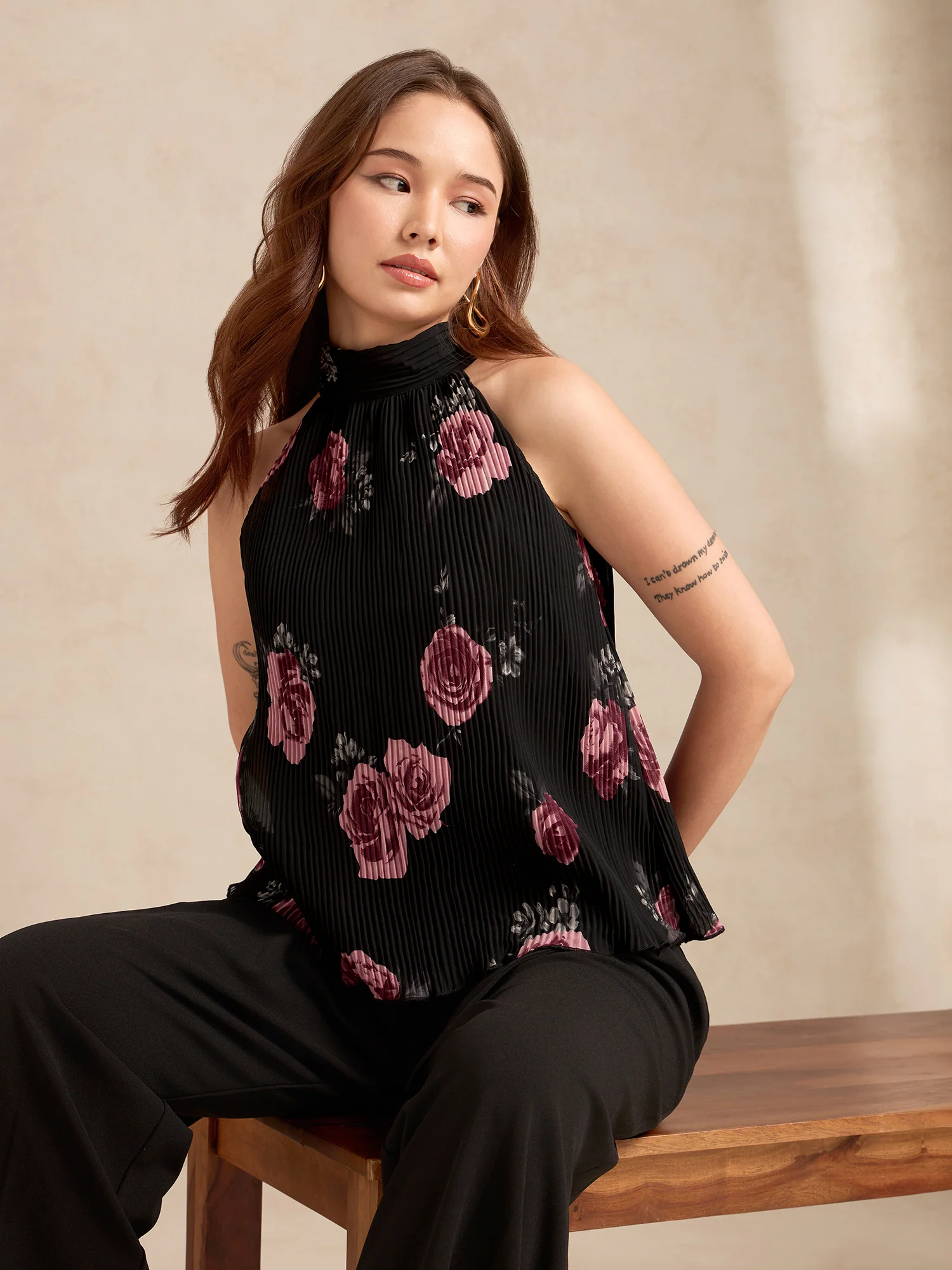 Black Halter Neck Plisse Flared Printed Top - Image 6