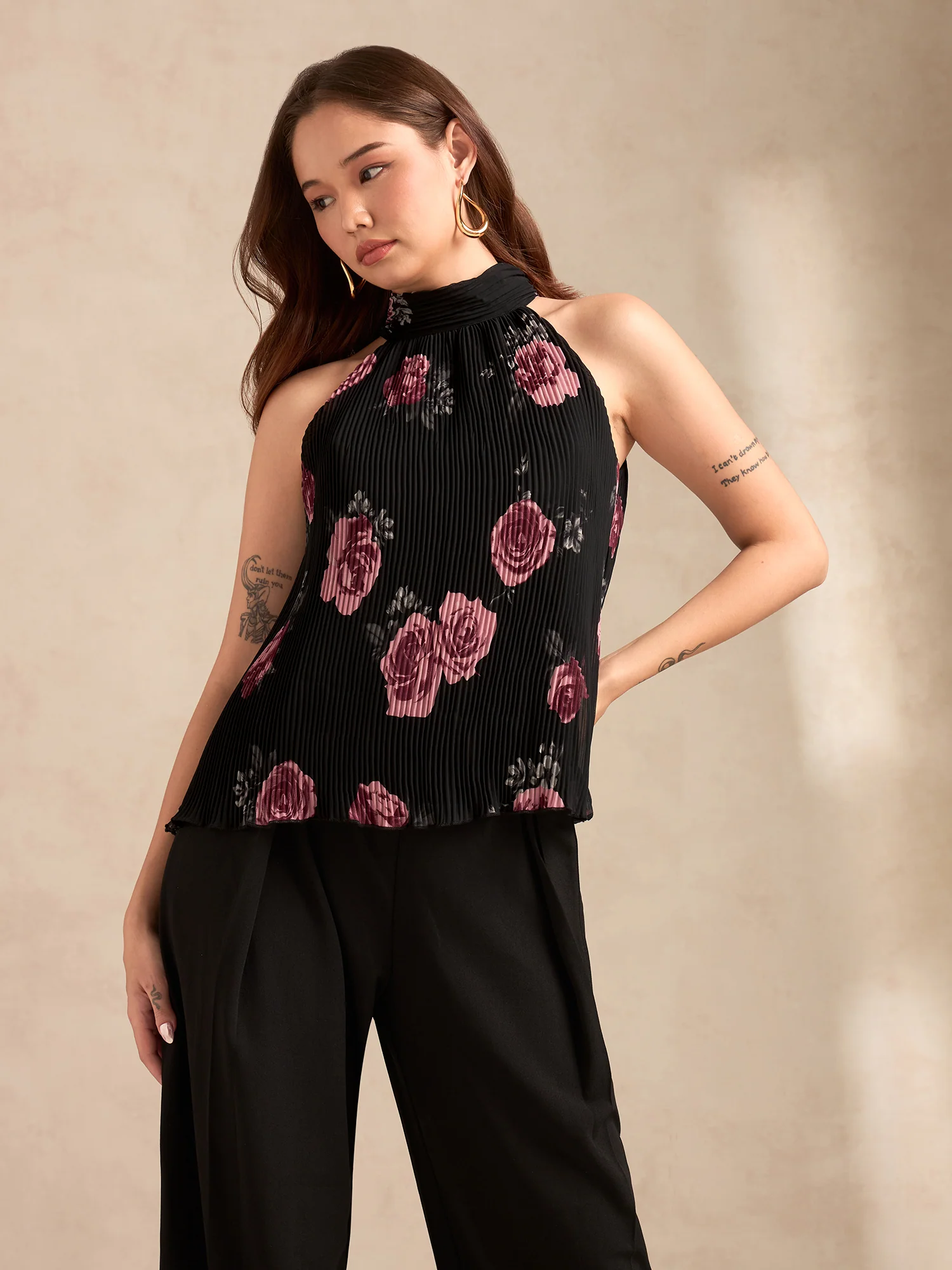 Black Halter Neck Plisse Flared Printed Top - Image 8