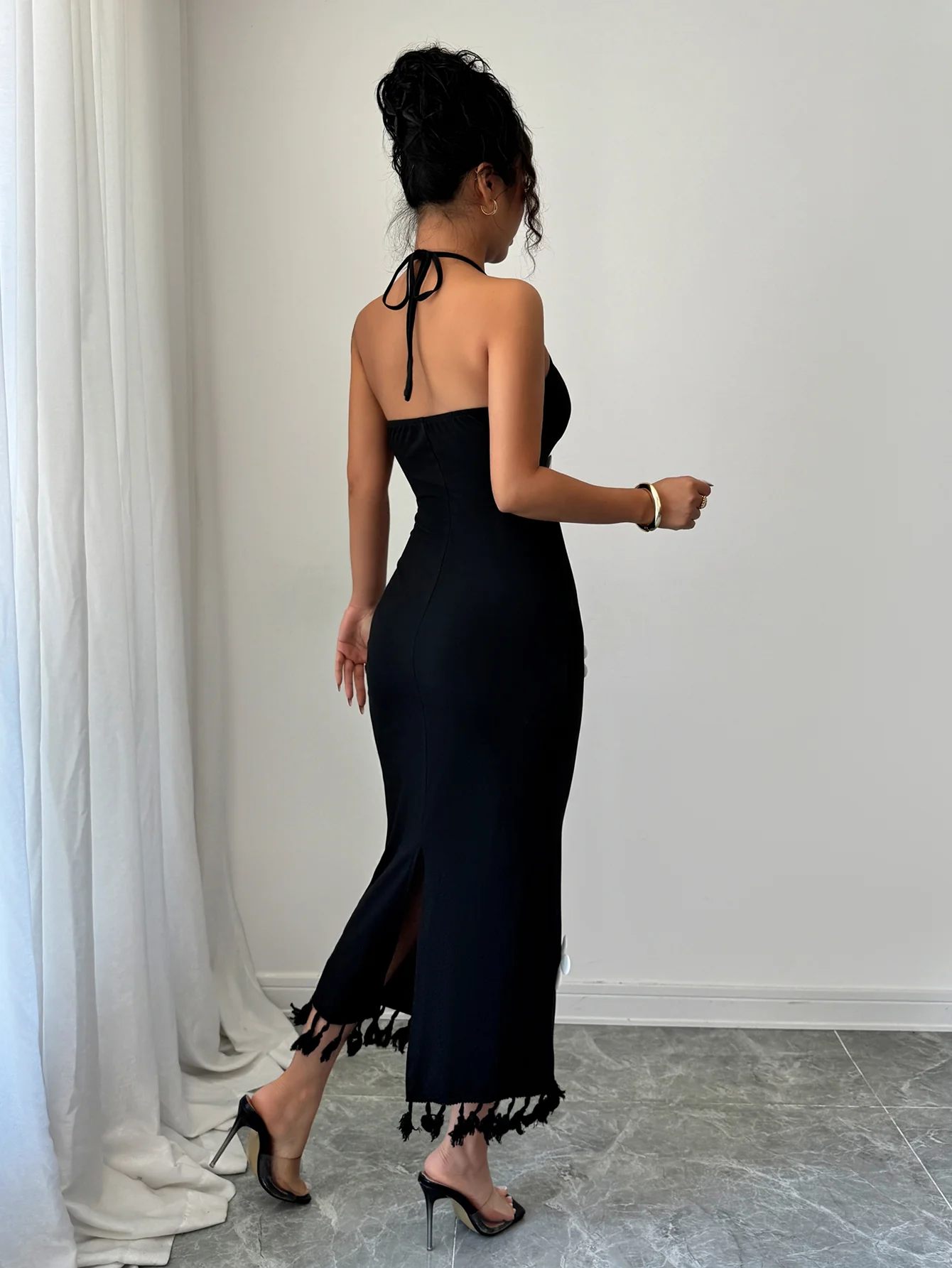 Black Halter Neck Tassel Attached Dress - Image 2