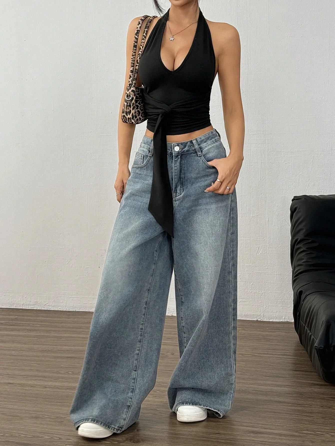 Black Halter Neck Wrap Backless Top - Image 3