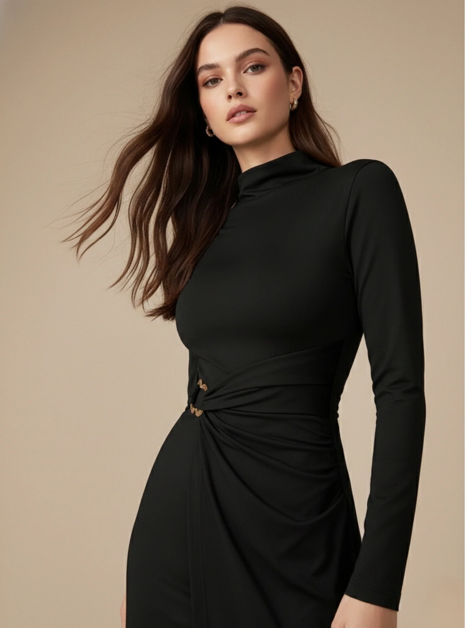 Black High Neck Fitted Midi With Buckle Trim Detail - Image 3