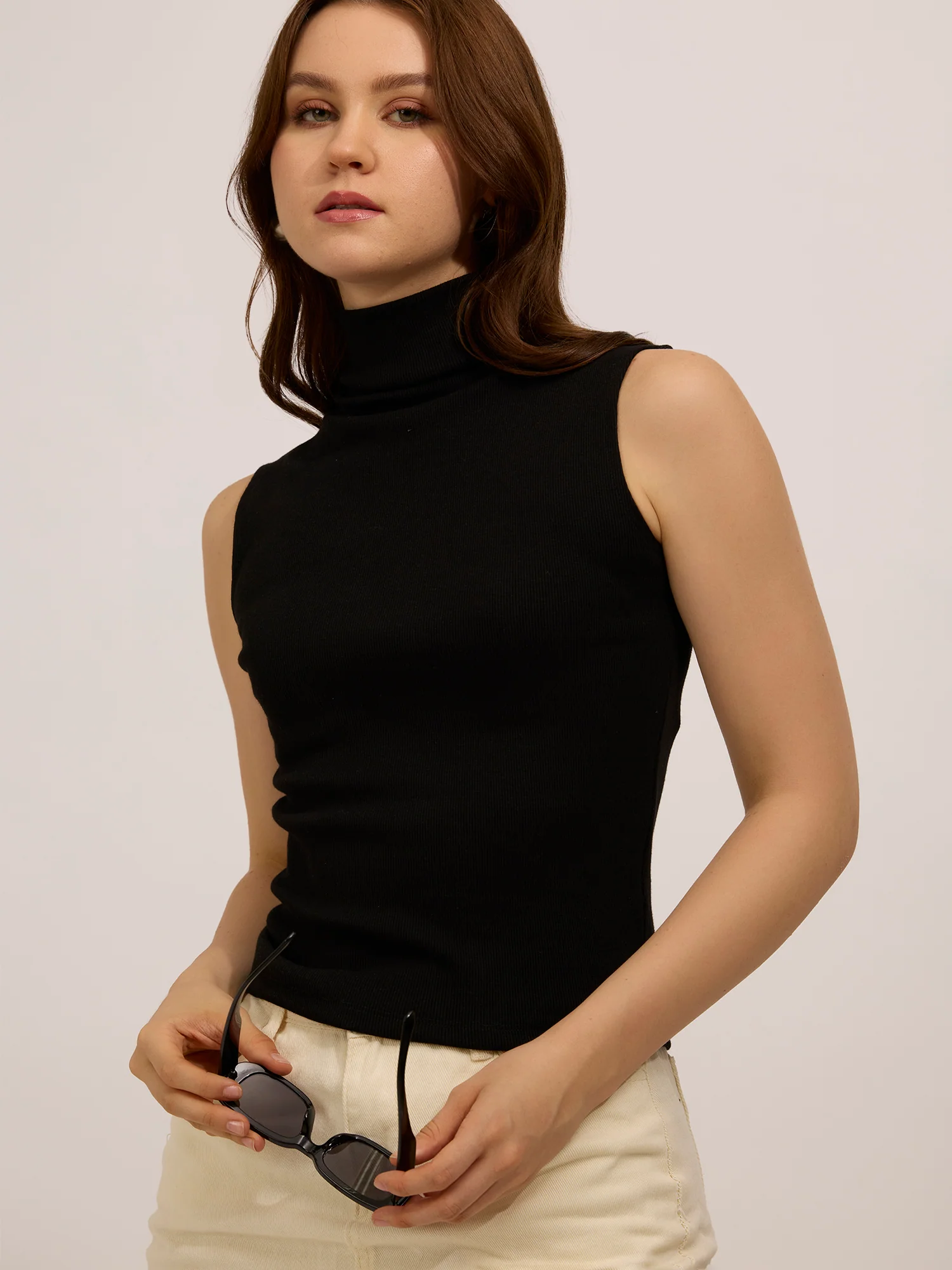 Black High Neck Solid Ribbed Top - Image 8