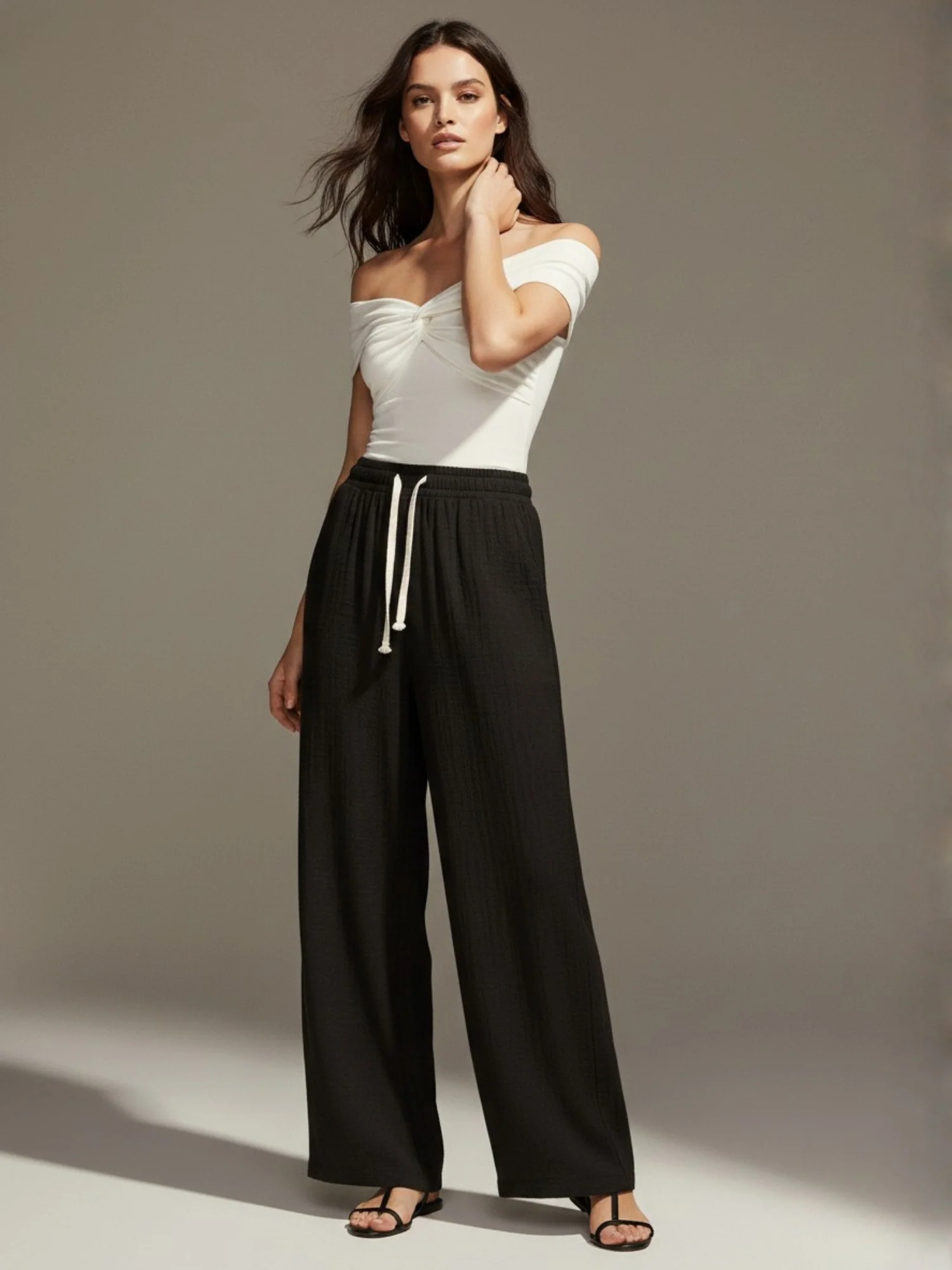 Black High Waist Drawstring Attached Pleated Pant - Image 3