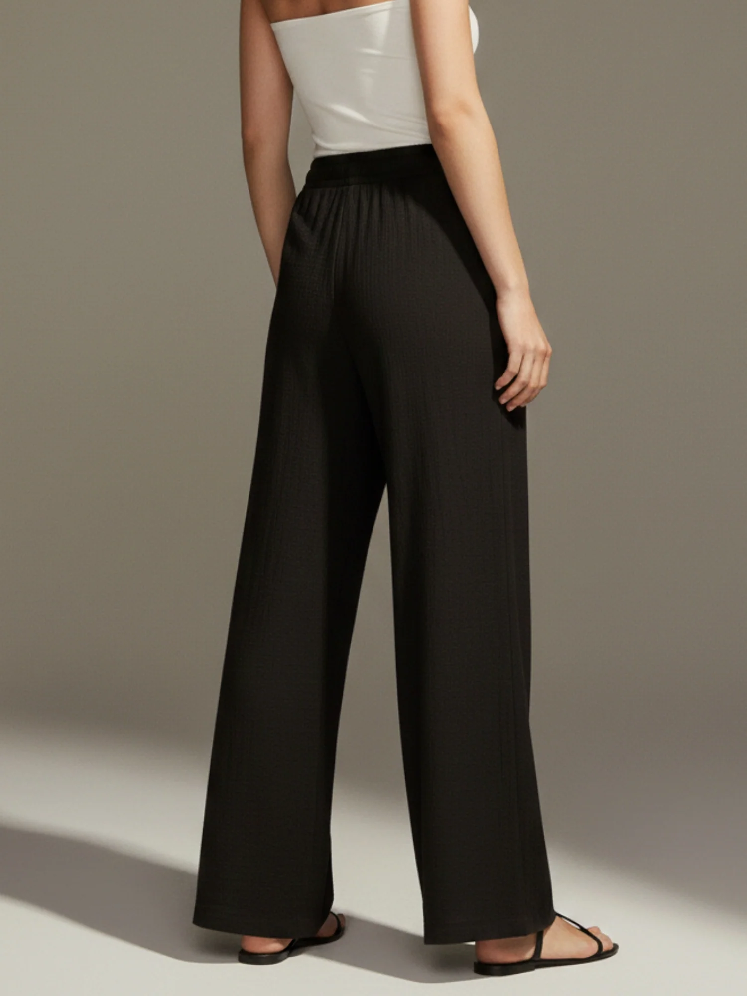 Black High Waist Drawstring Attached Pleated Pant - Image 5