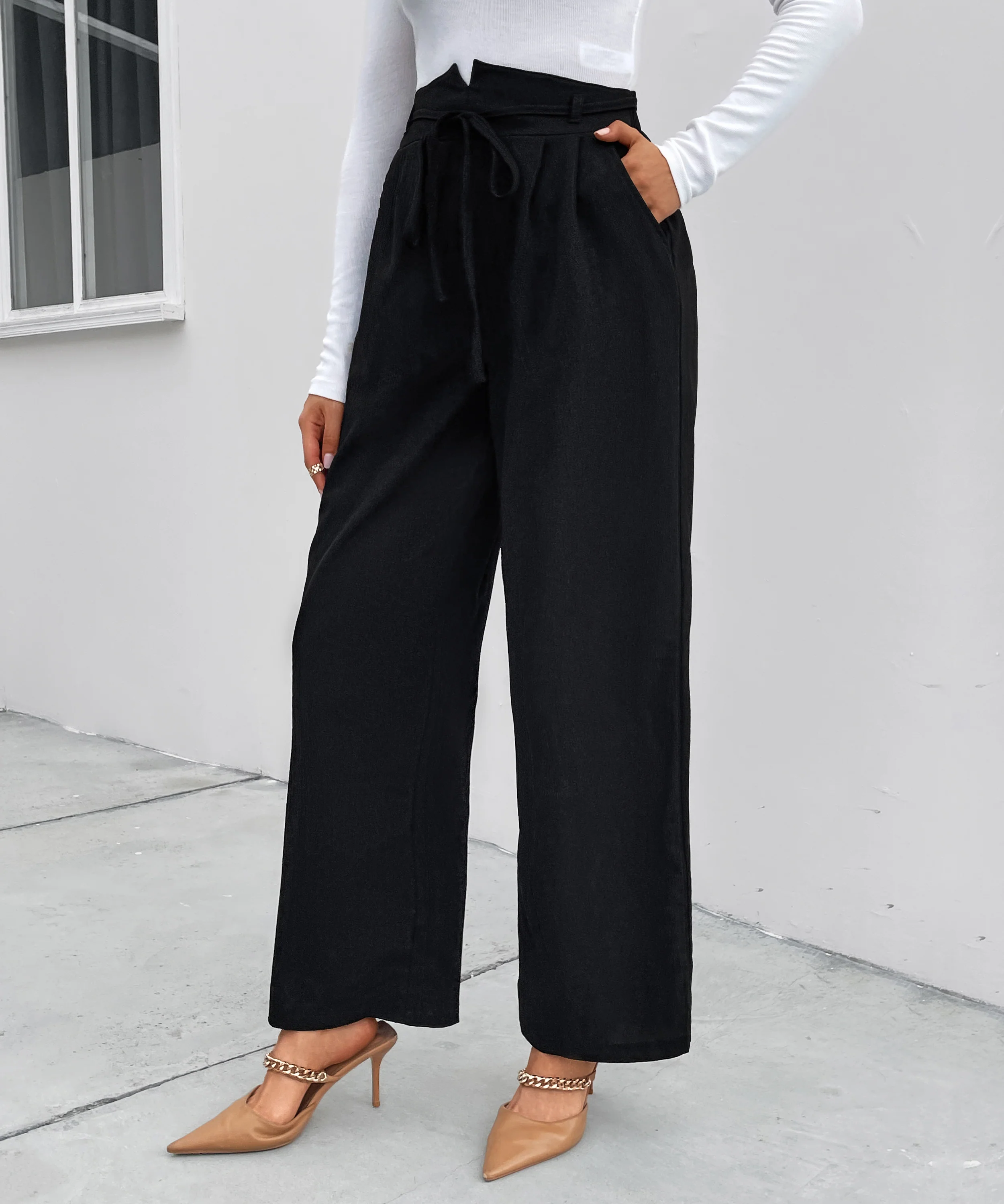 Black High Waist Waist Detail Pant - Image 3