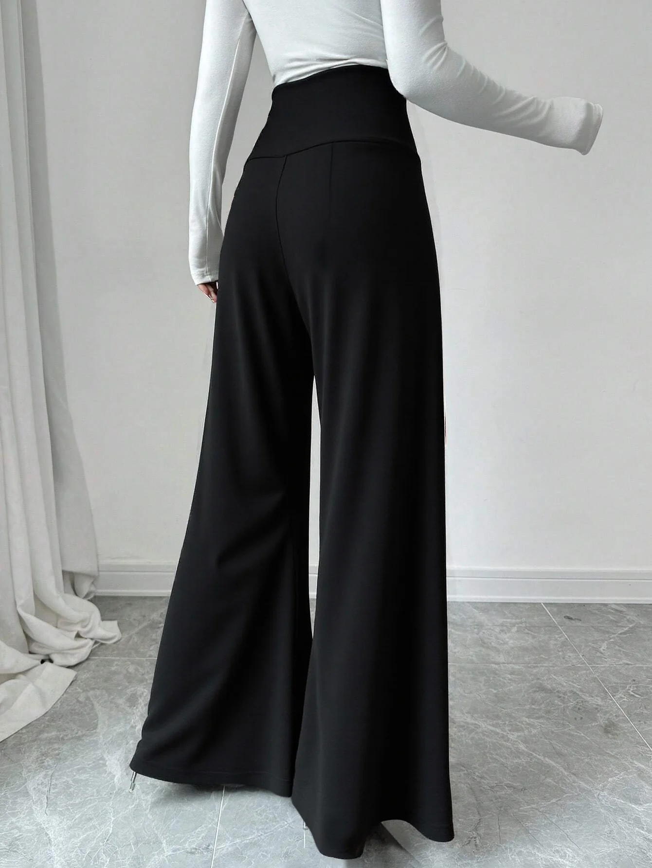 Black High Waist Wide Leg Pant With Side Buttons Detail - Image 2