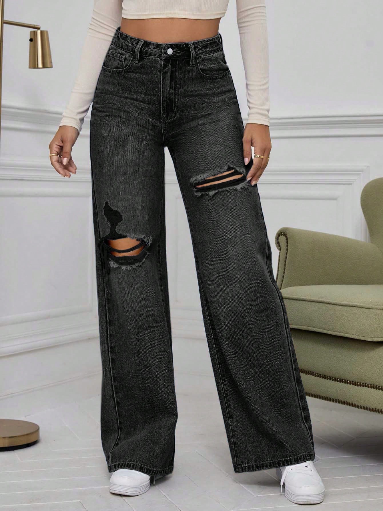 Black Knee And Thigh Distressed Baggy Jeans - Image 5