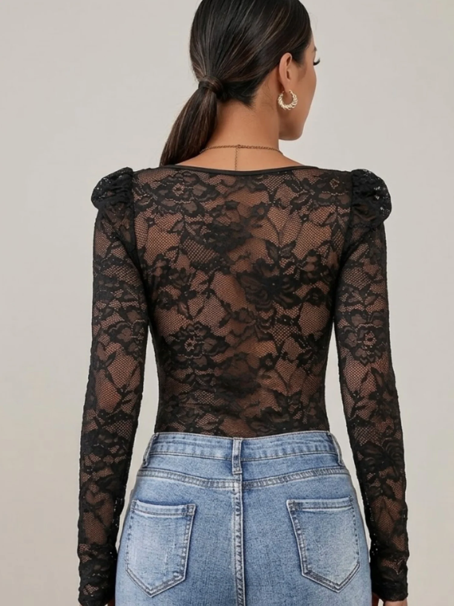 Black Lace Detail Fitted Bodysuits - Image 6