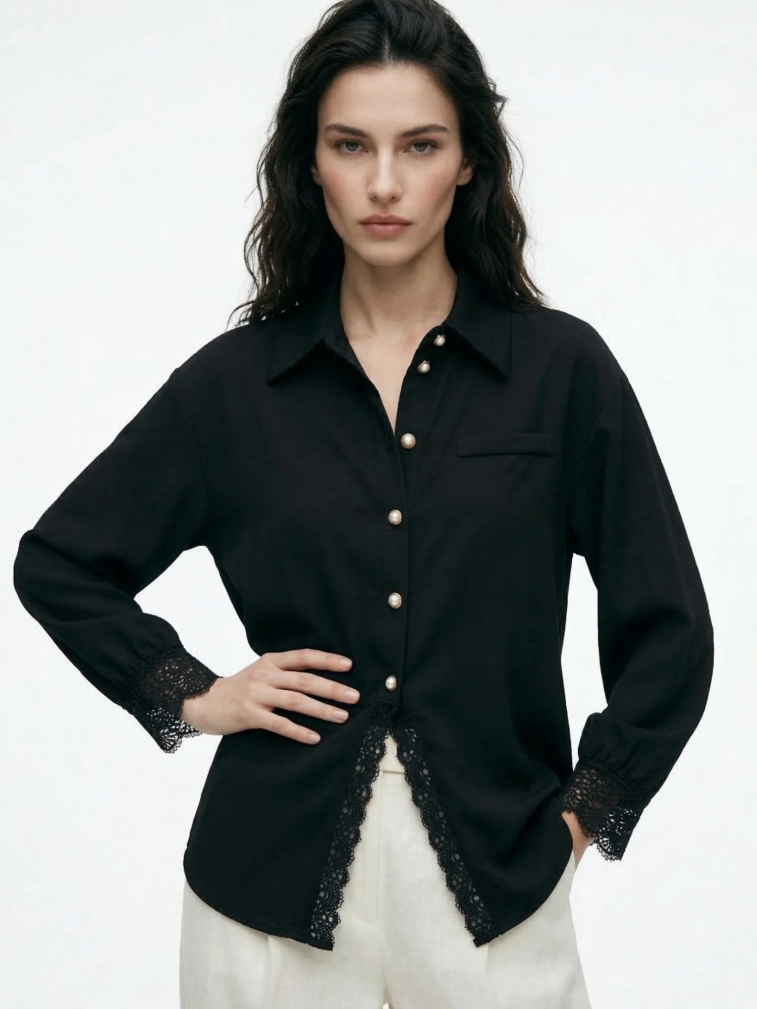 Black Lace Hem Deail Front Buttoned Shirt - Image 2