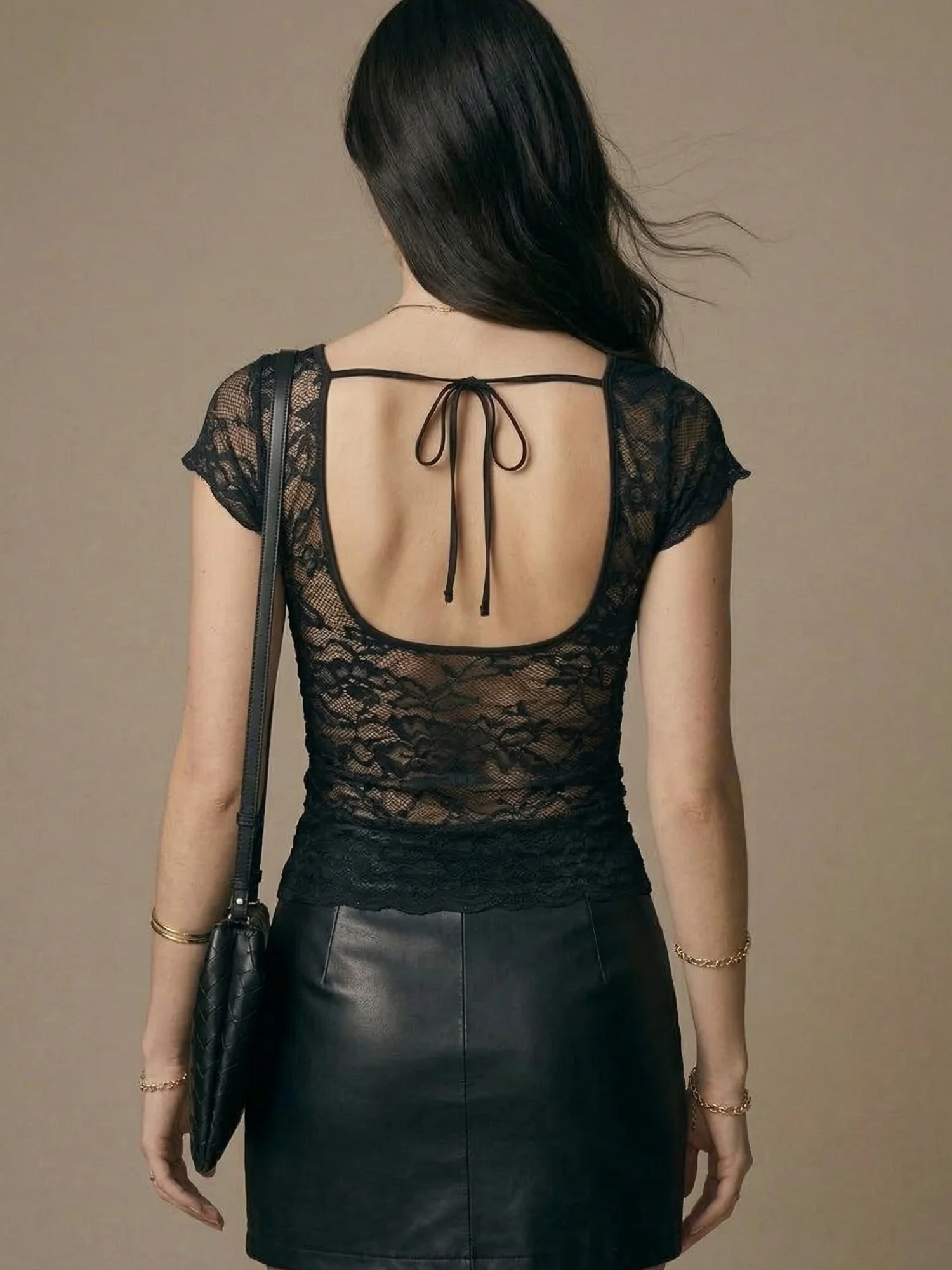 Black Lace Sleeve V Neck Top - Image 4