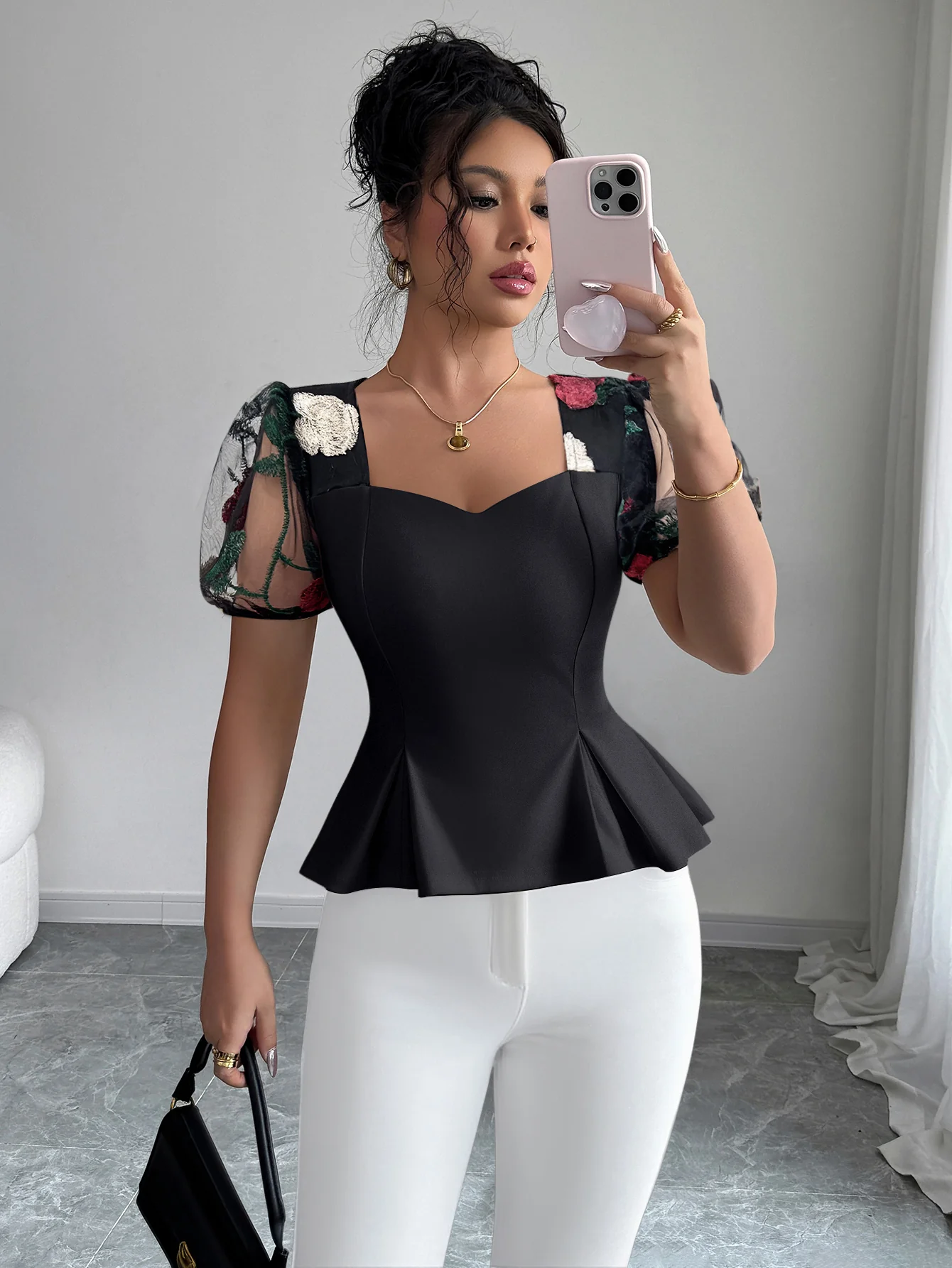 Black Lace Sleeve Waist Detail Top - Image 4