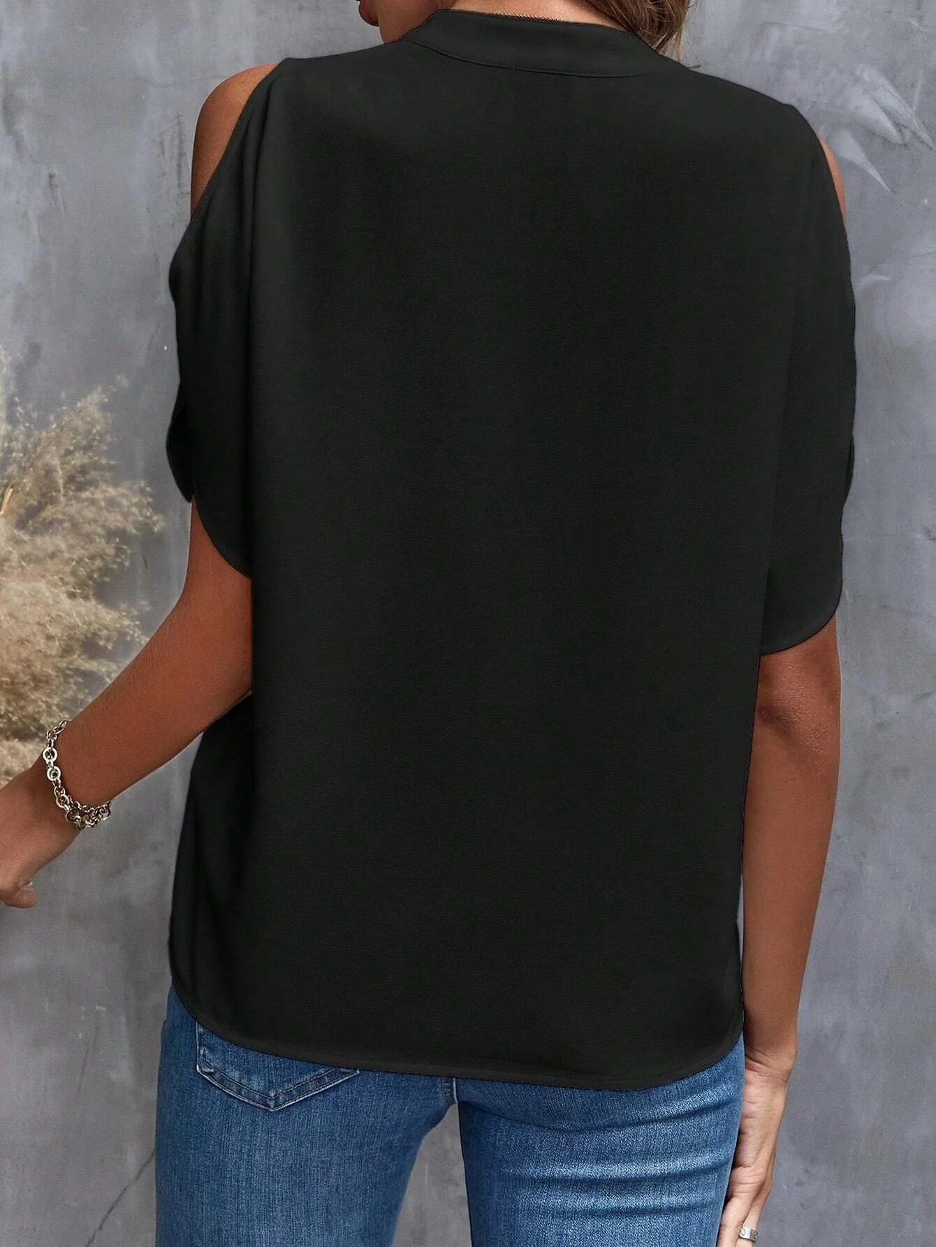 Black Mandarin Collar Cold Shoulder Top - Image 2