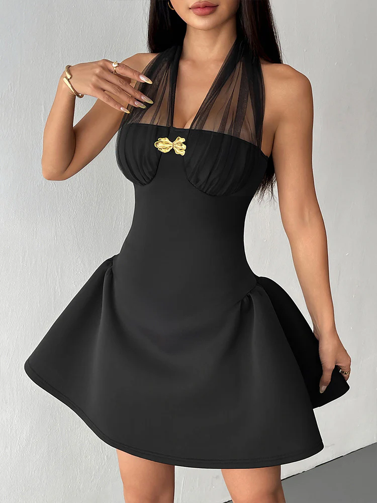 Black Mesh Halter Detailed Skater Dress - Image 3