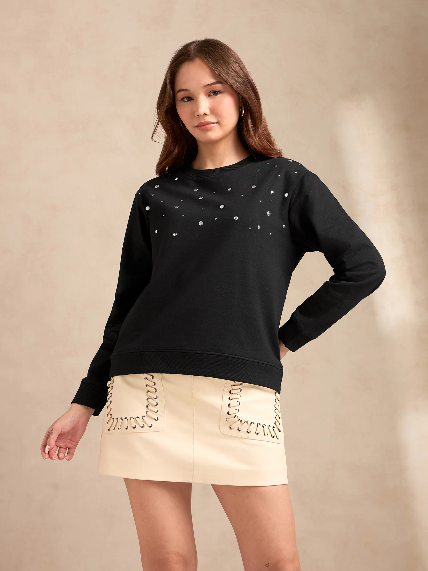 Black Metal Studded Solid Sweatshirt - Image 4