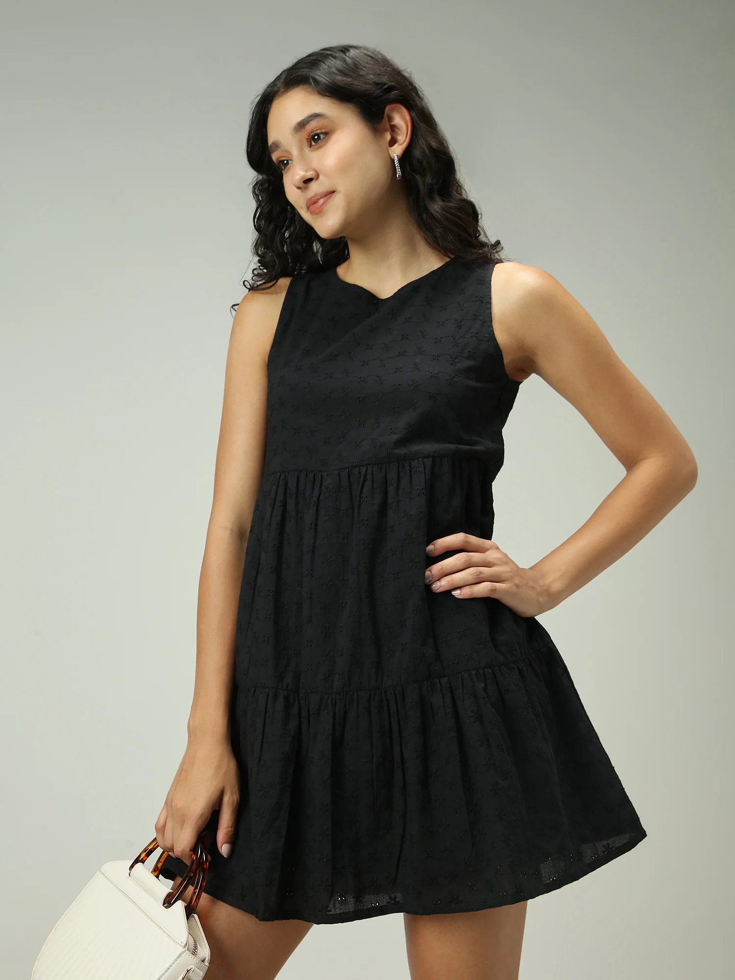 Black Mini Tiered Schiffli Dress - Image 6