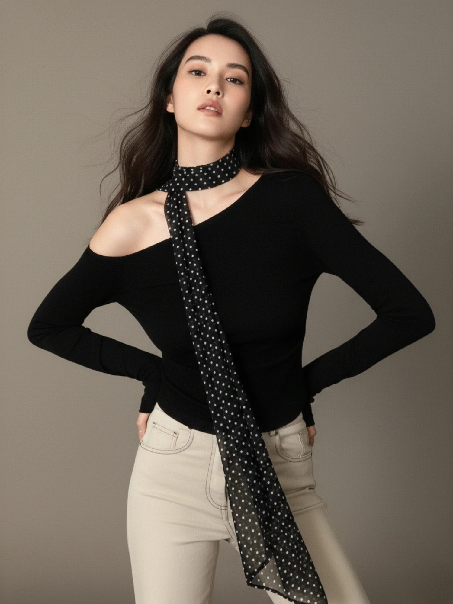 Black Neck Scarf Detail Off Shoulder Top - Image 3
