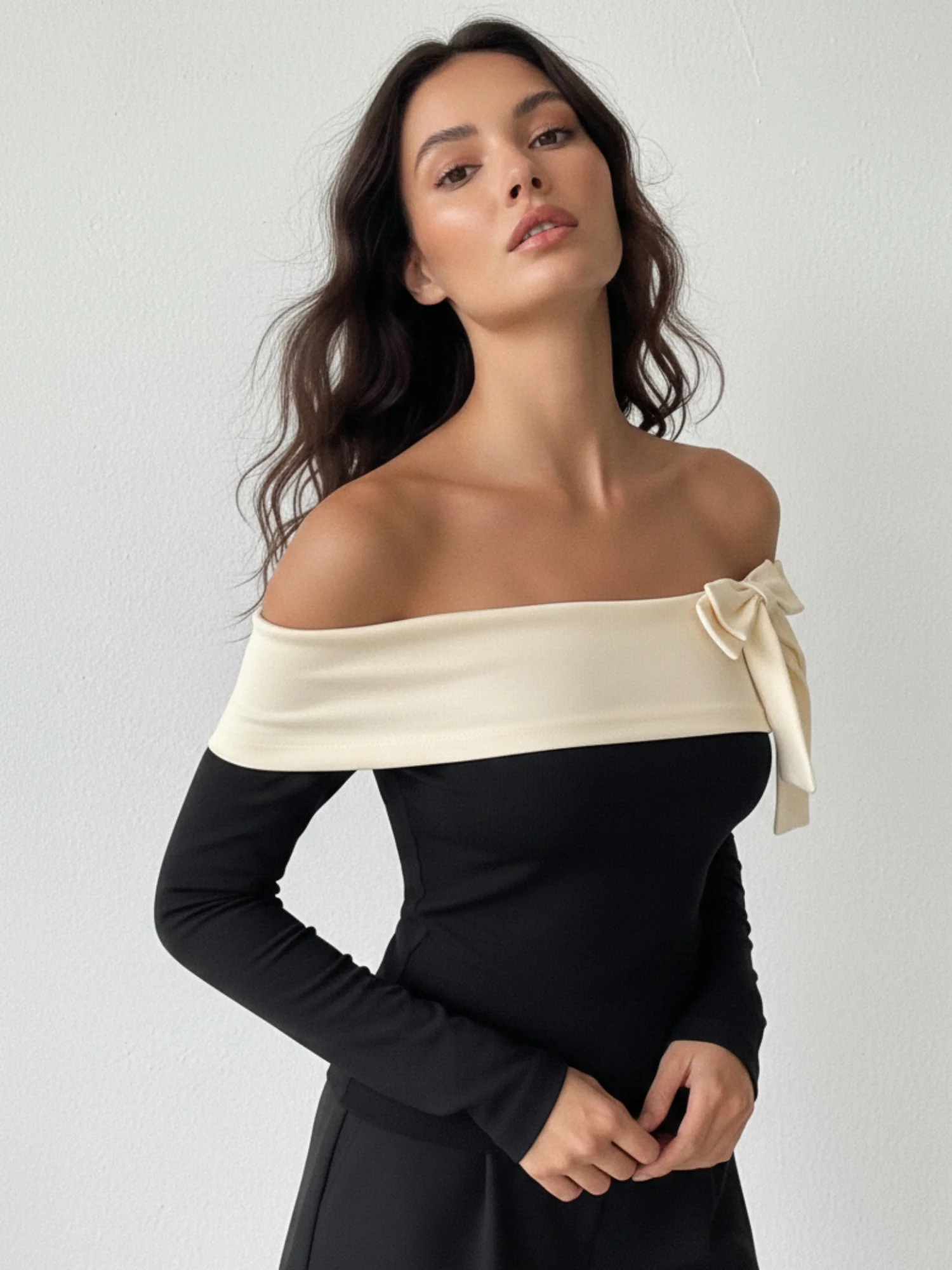 Black Off Shoulder Bow Detail Top - Image 2