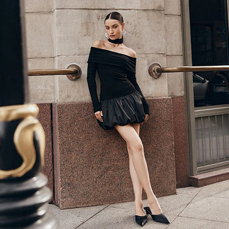 Black Off Shoulder Bubble Hem Dress