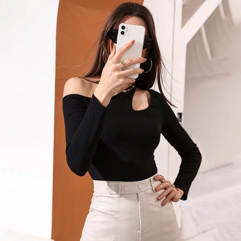 Black Off-Shoulder Cut Out Sleeve Top - Image 3