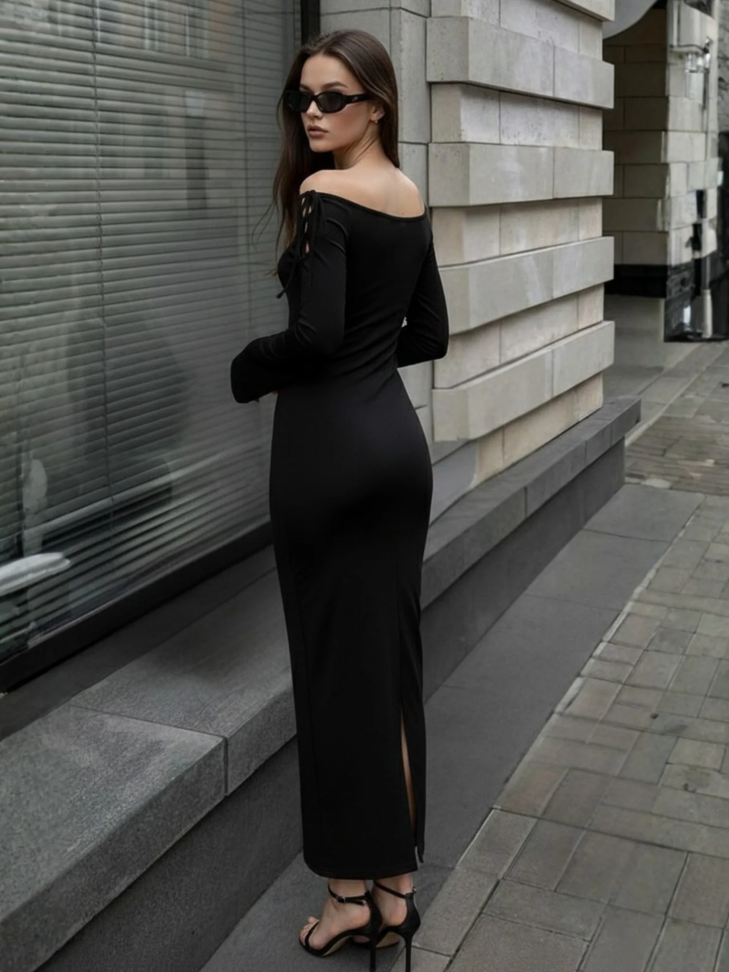 Black Off-Shoulder Dress With Gladiator Tie Up Detail On Sleeve - Image 4