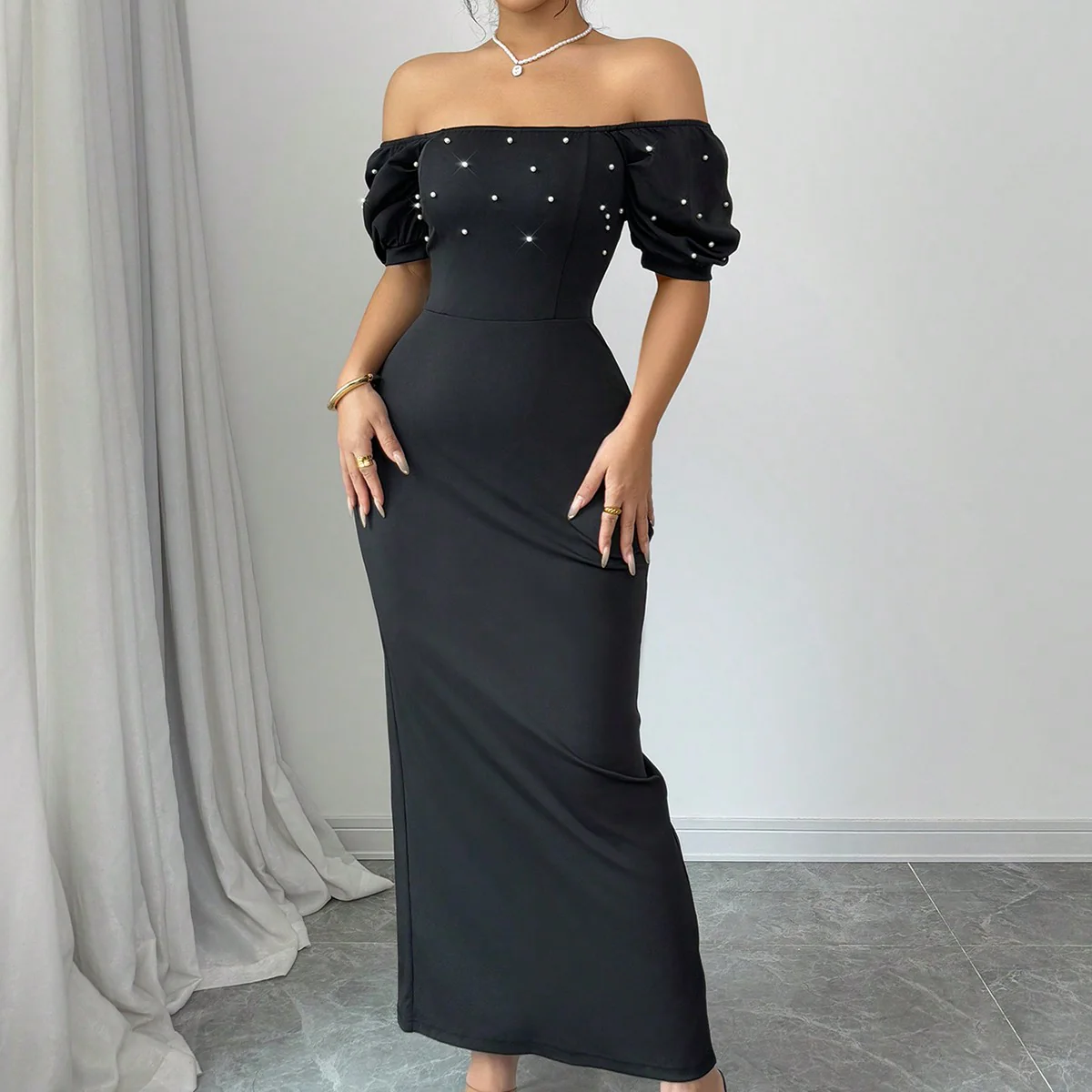 Black Off Shoulder Fitted Dress - Image 6