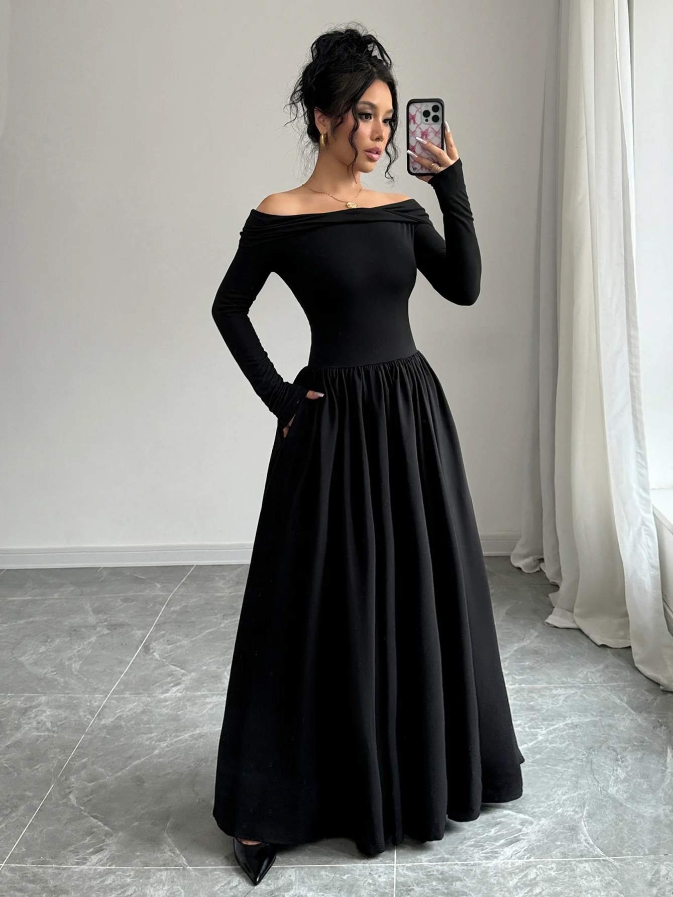 Black Off Shoulder Flared Dress - Image 5