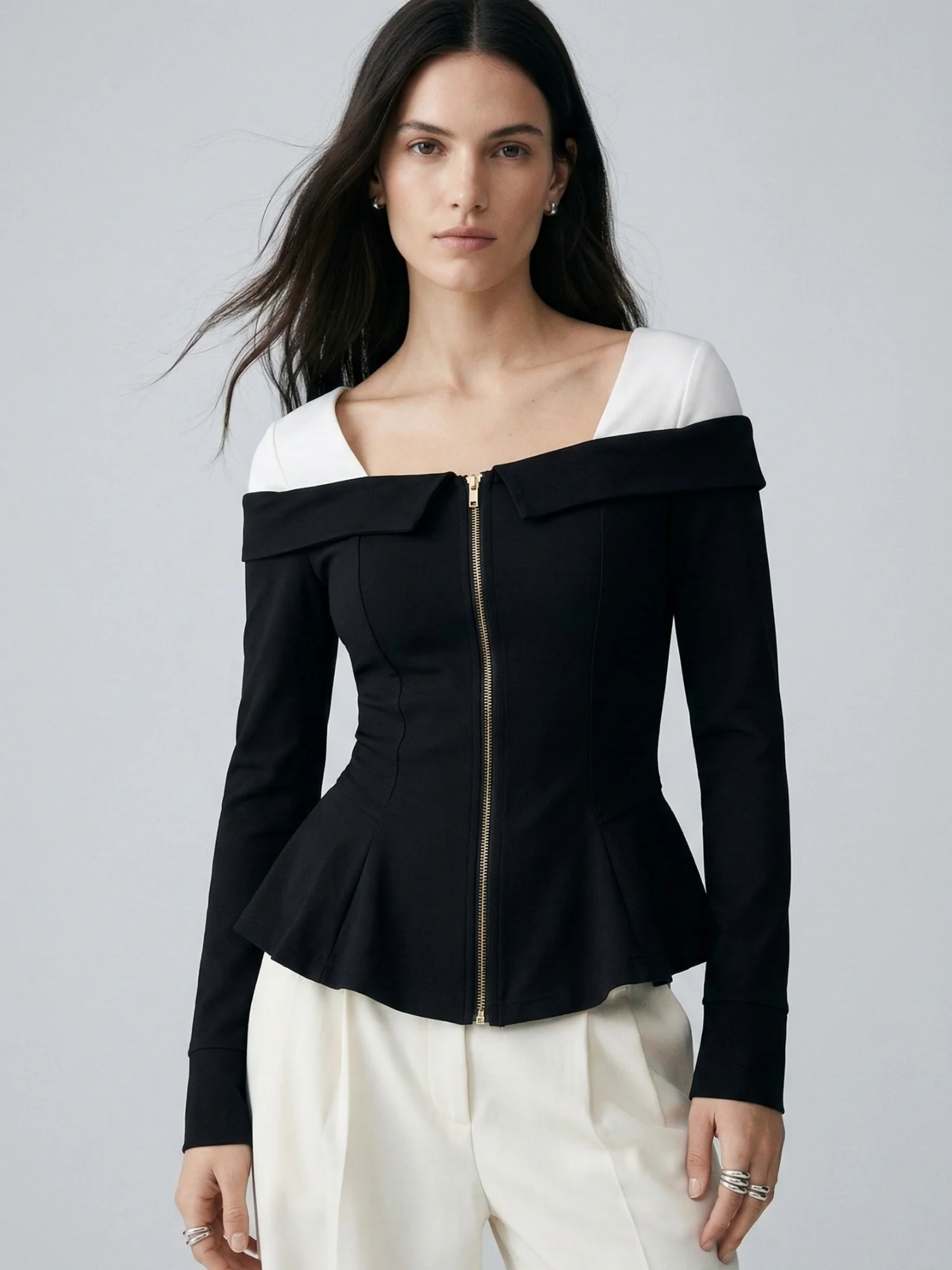 Black Off Shoulder Front Zip Peplum Style Top