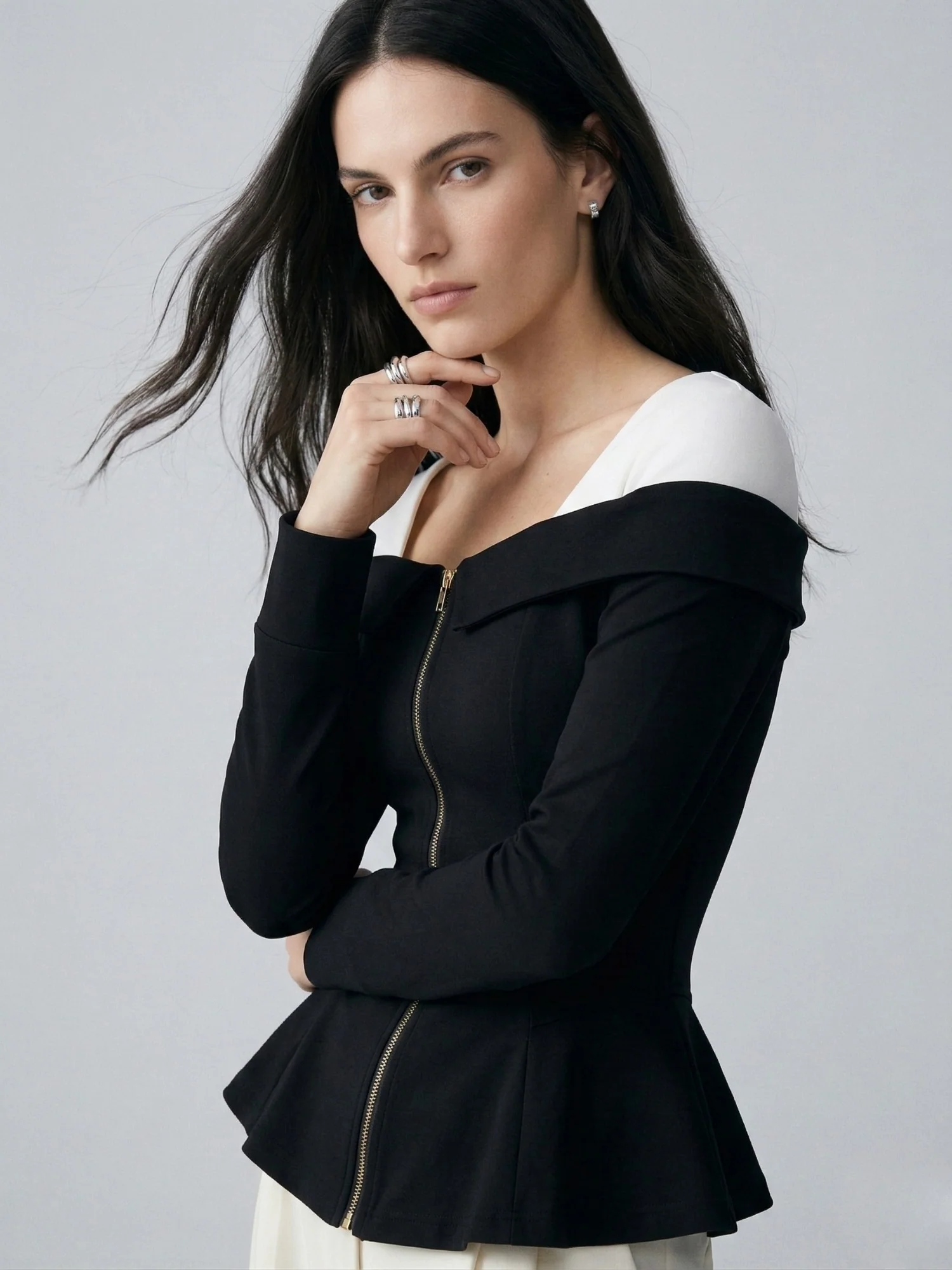 Black Off Shoulder Front Zip Peplum Style Top - Image 2
