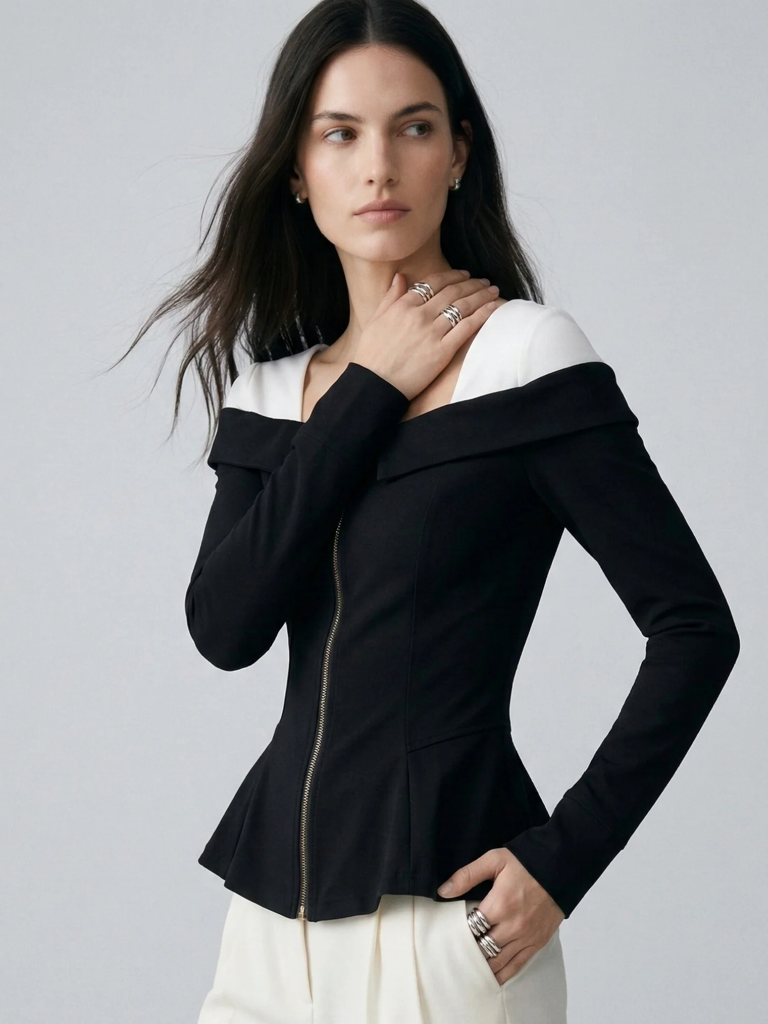Black Off Shoulder Front Zip Peplum Style Top - Image 3