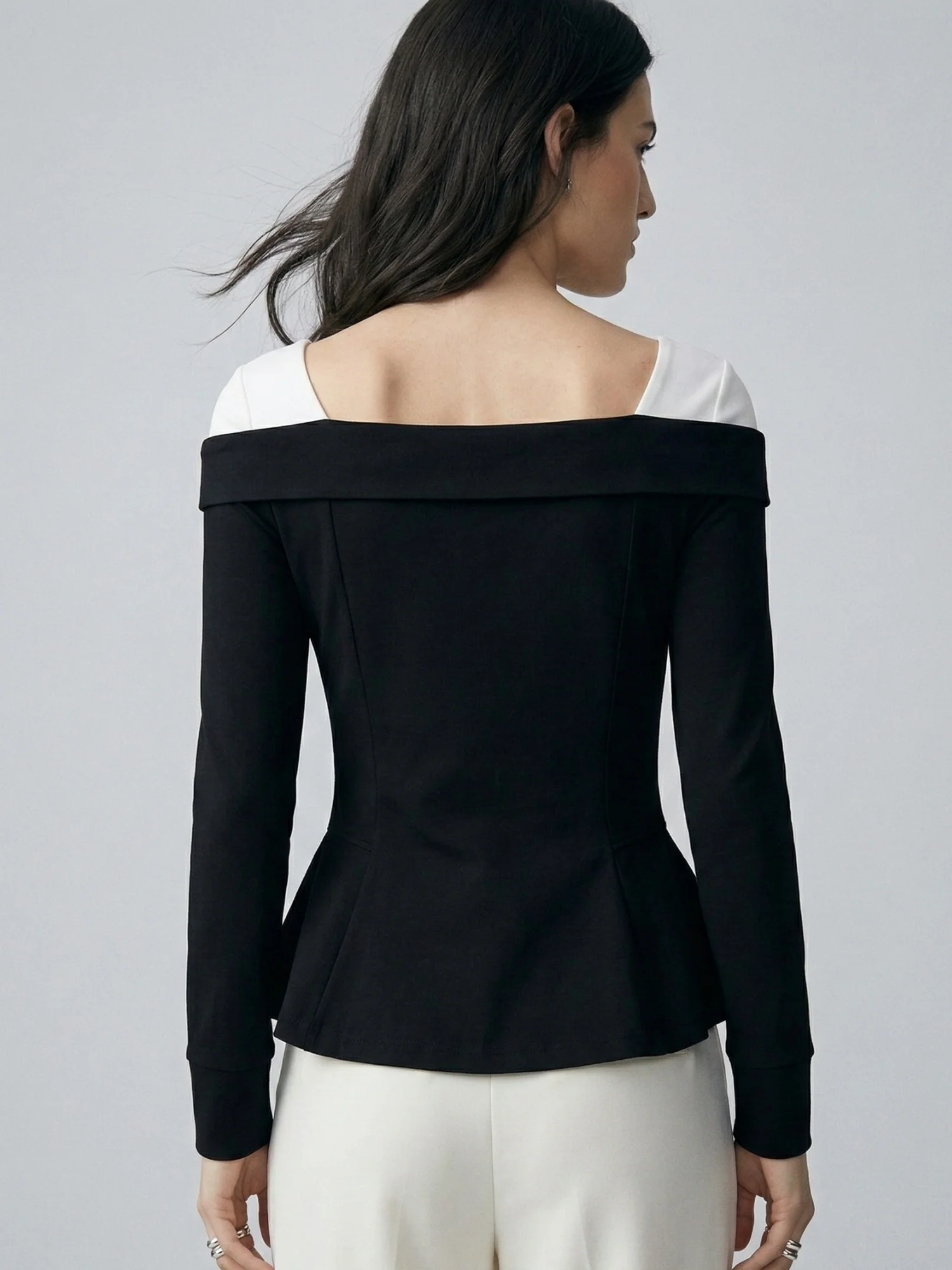 Black Off Shoulder Front Zip Peplum Style Top - Image 4