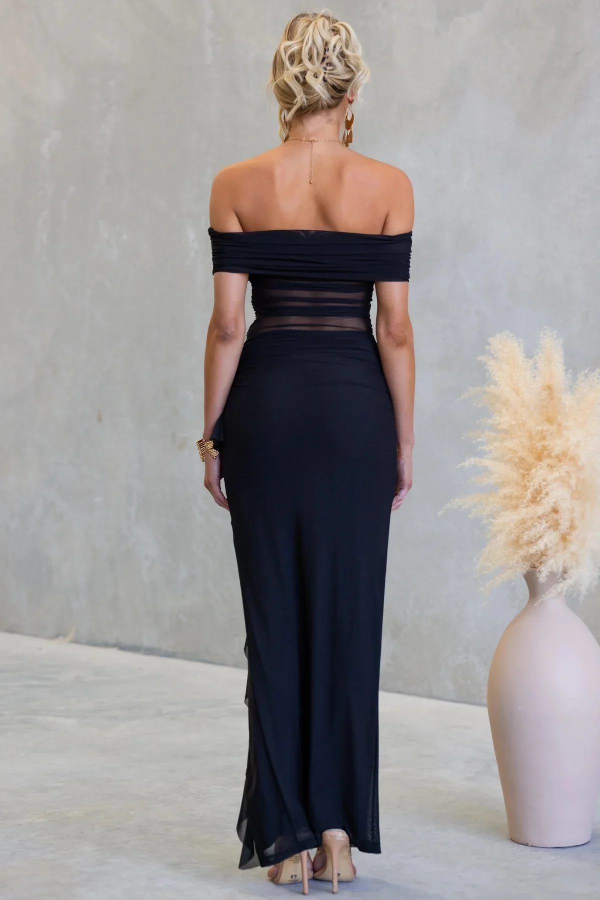 Black Off Shoulder Mesh Ruffle Detail Dress - Image 2