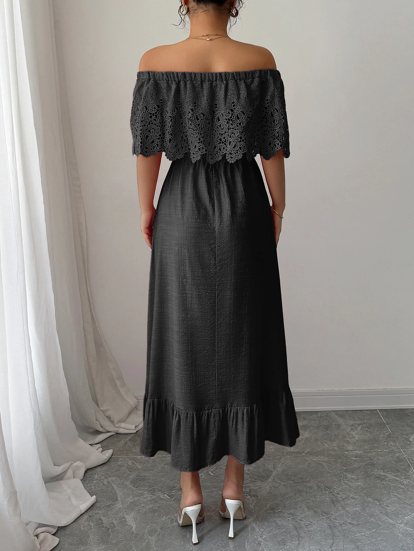 Black Off-Shoulder Ruffle Midi Dress - Image 2