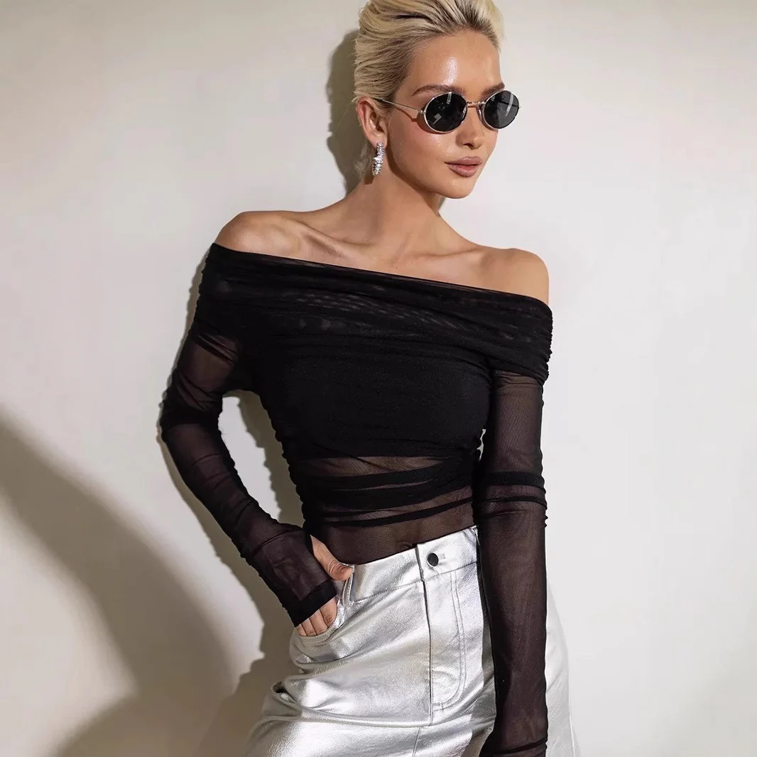 Black Off-Shoulder Sheer Mesh Top - Image 2