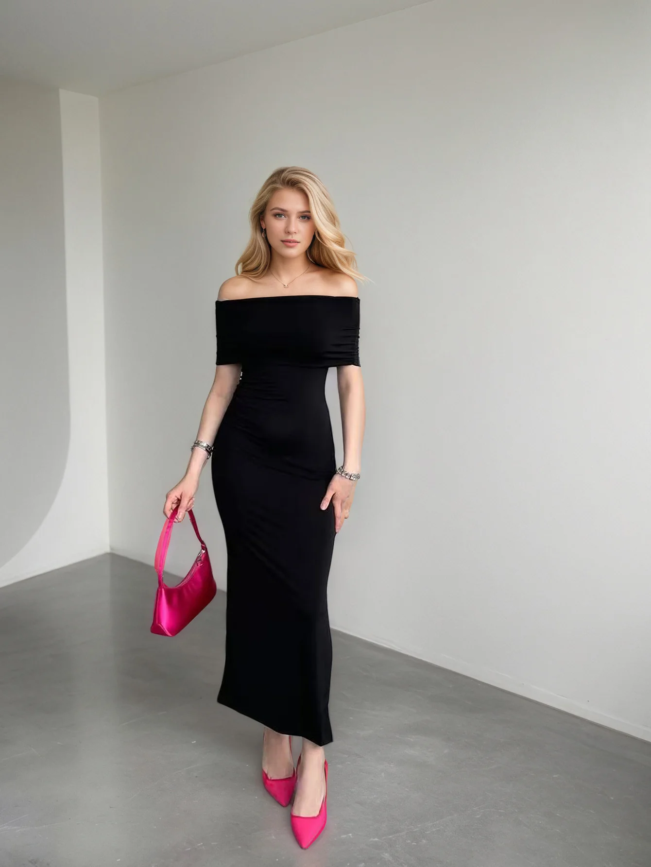 Black Off Shoulder Slit Dress - Image 3